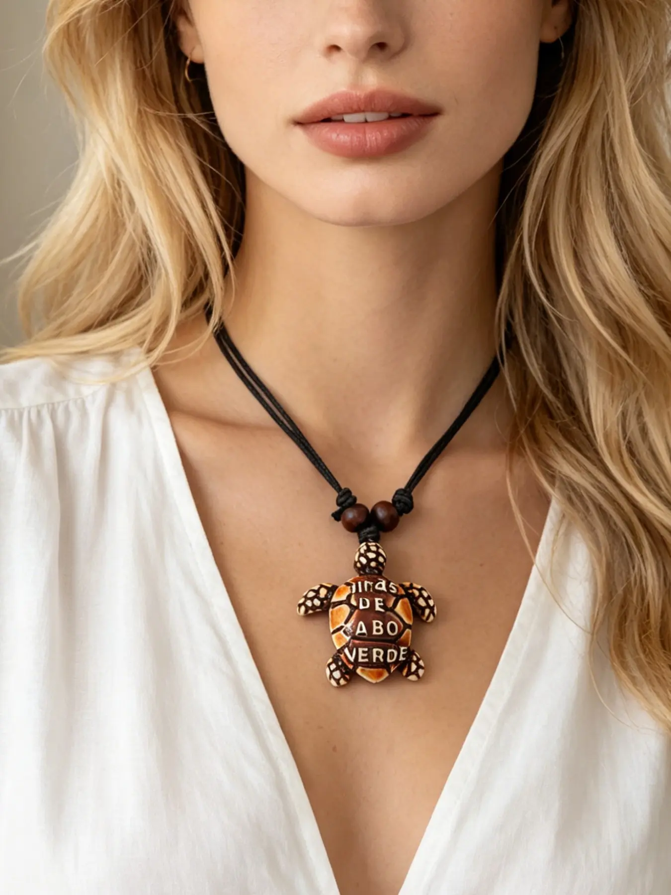 1pc Adjustable Knotted Black Braided Cord Sea Turtle Necklace, Hand Carved Tribal Pattern Tortoise Pendant with Cabo Verde Lettering & Wooden Bead Detail, Boho Tropical Beach Vacation Jewelry for Women