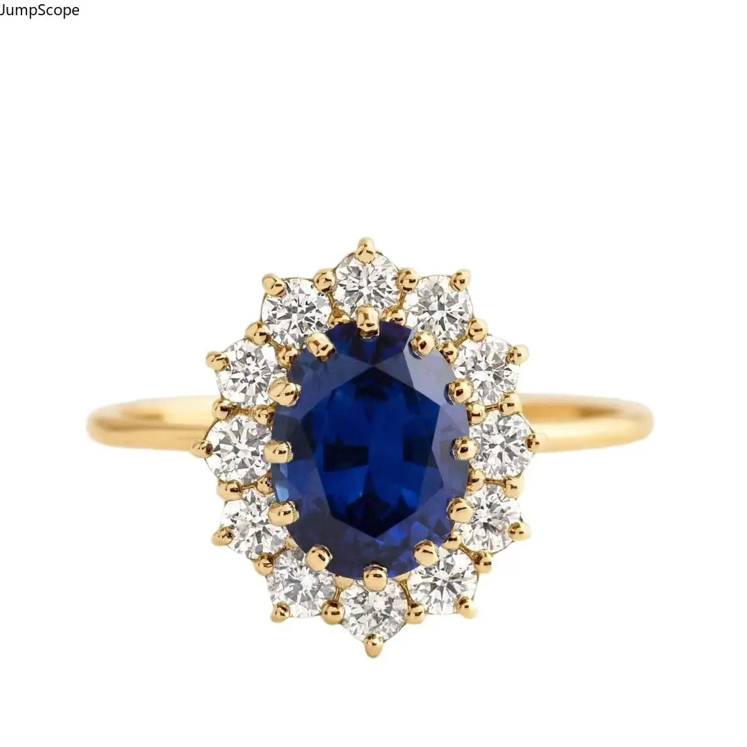 Royal-Style Halo Ring with Blue Sapphire & Diamond - Women's Classic Elegant Bridal Ring, Thoughtful Sentimental Gift for Proposals