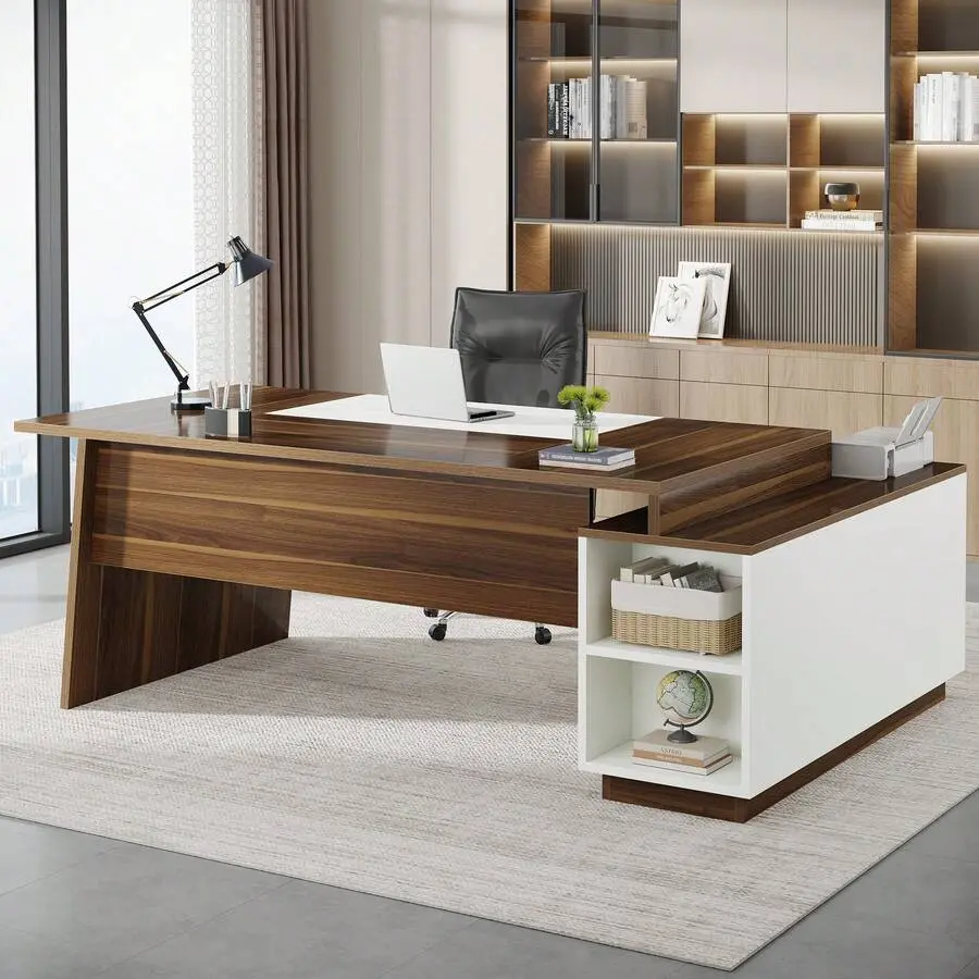 70.5-Inch Mid-Modern L-Shaped Executive Desk With Storage Cabinet & Open Shelves, Large Home Office Computer Desk In Brown And White