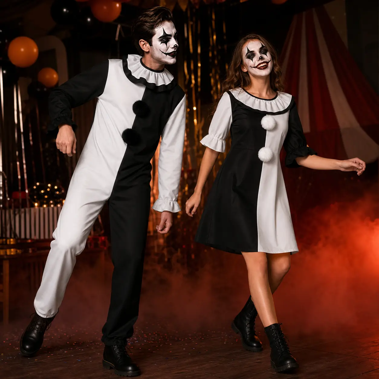 Scary Black and White Clown Cosplay Costume for Adults |   Halloween Creepy Killer Clown Jumpsuit Outfit |   Horror Movie Inspired Roleplay Full Suit for Haunted House Party