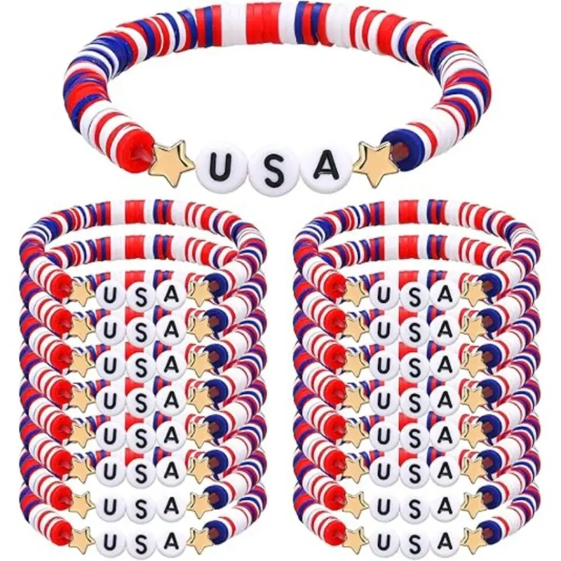 24 Pack Patriotic Beaded Bracelet Set for Women, Red White and Blue Polymer Clay Stretch Bracelets, USA Jewelry for 4th of July Party Favors, Beaded Bracelet Pack, Red White Blue Theme Bracelets & Bangles
