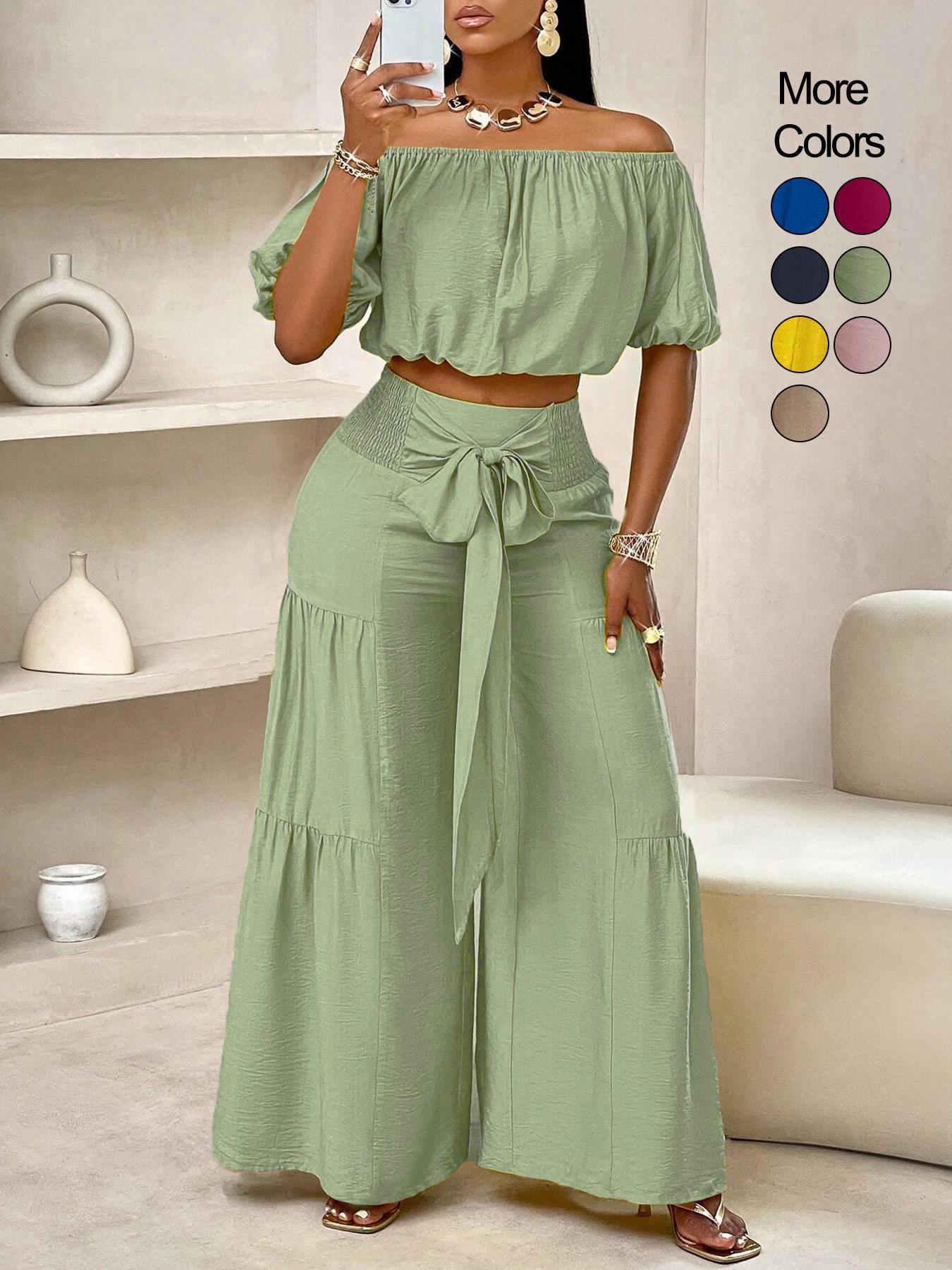 Summer Beach Vacation Bow Shoulderless Round Neck Shirt Wide Leg Pants Set, Casual Loose-Fitting, Women's Fashion
