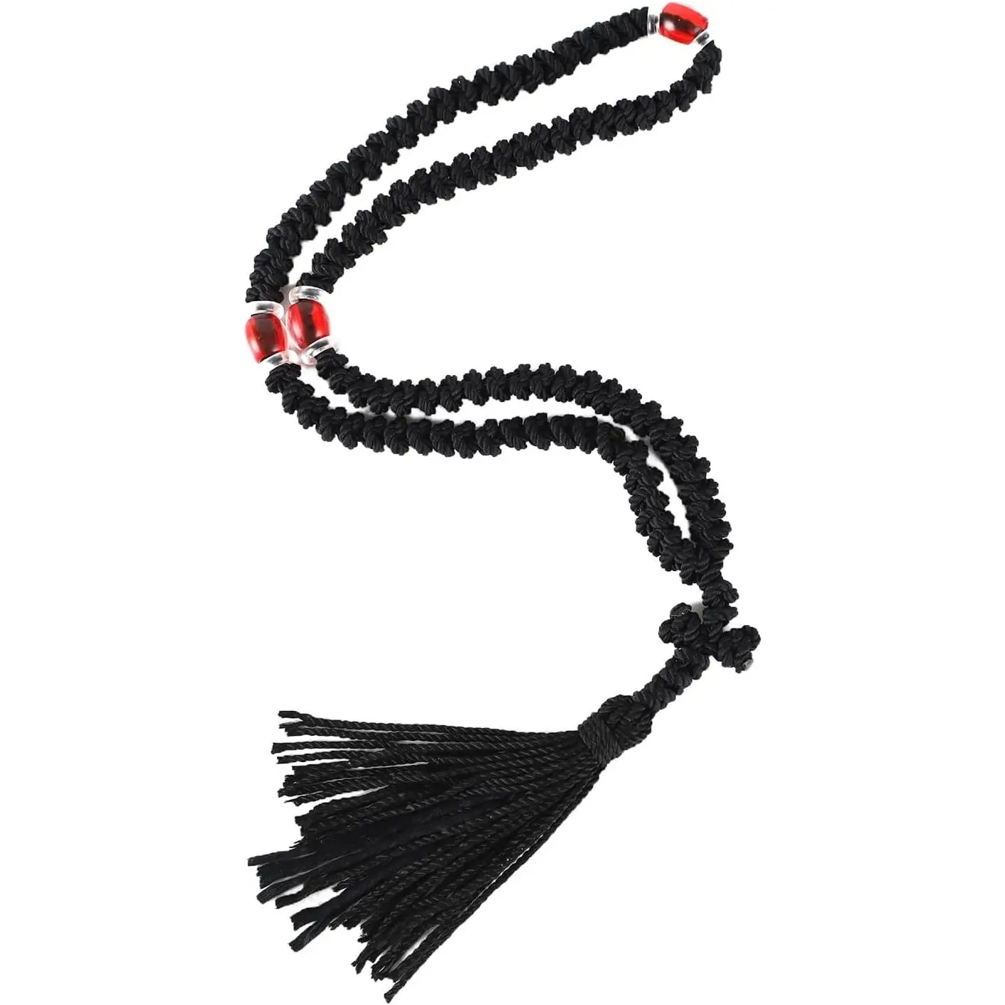 Handmade Orthodox Type 100-Knot Christianity Prayer Rope with Red Beads, Greek Komboskoini Chotki, Decorative Car Accessory with Greek Orthodox Cross, Blessed Religious Gift