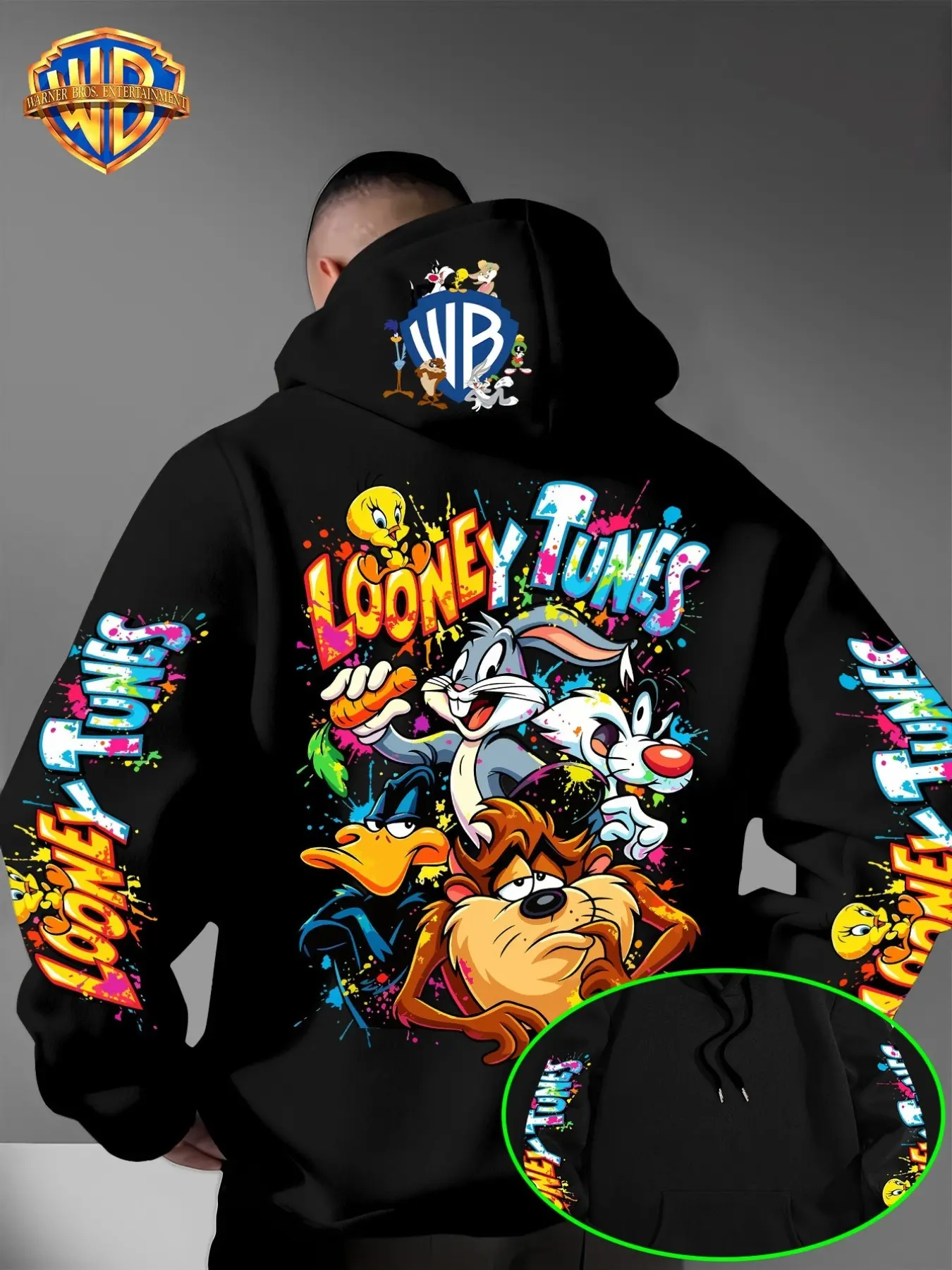 【Black Friday】Warner Bros Men's Classic Looney Tunes Hoodie, Cartoon Print, Casual Street Style Loose-Fit Long Sleeve Hooded Sweatshirt for All Seasons