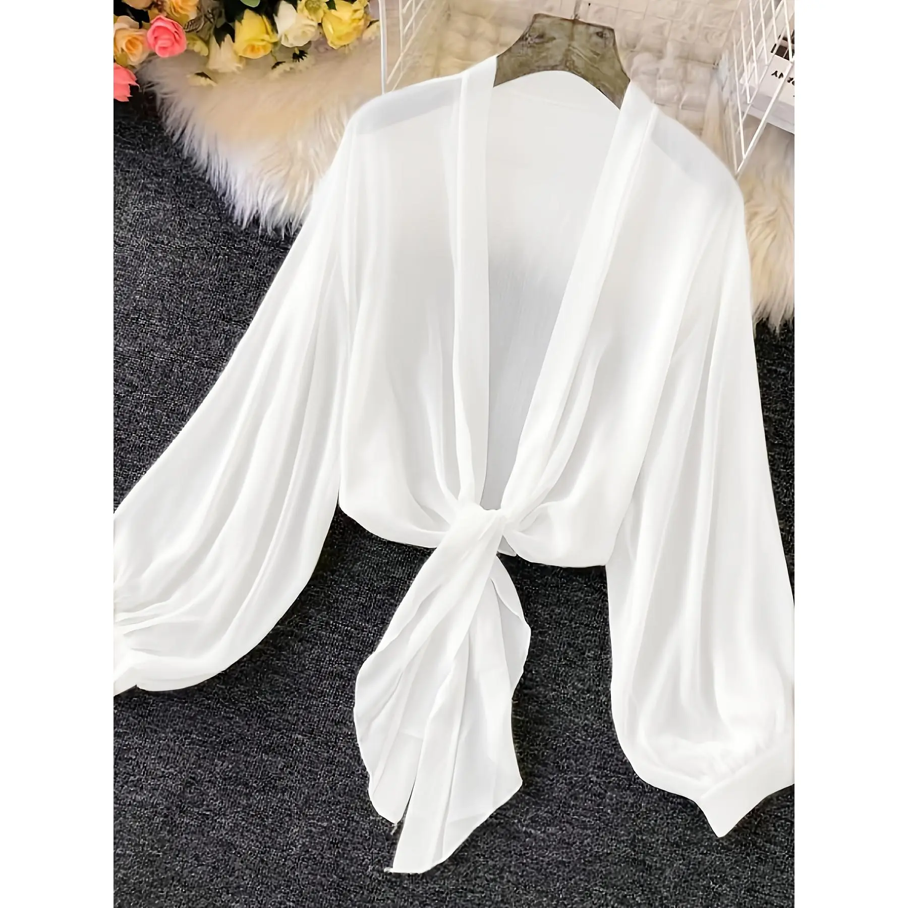 Women's Thin Lantern Sleeve Waist-Cinched Cardigan, Lady's Stylish Clothes for Casual Wear
