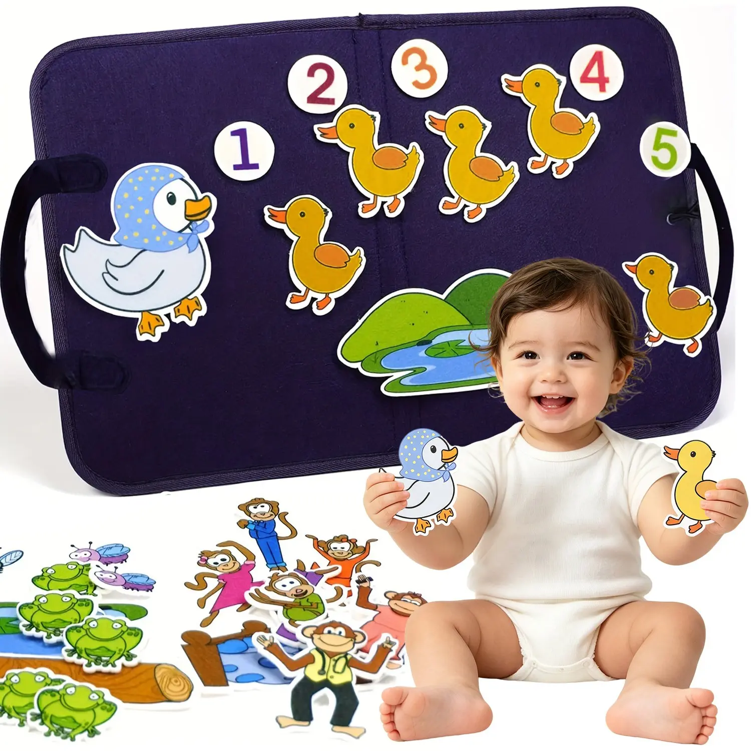 Felt Animal Storyboard Busy Board Set, Preschool Busy Board, Learning Activity Board, Felt Board For Toddlers, Early Learning Animal Interactive Games, 5 Little Monkeys Jumping on a Trampoline, 5 Little Ducks Felt Pieces, Christmas Gift for Boys and Girls