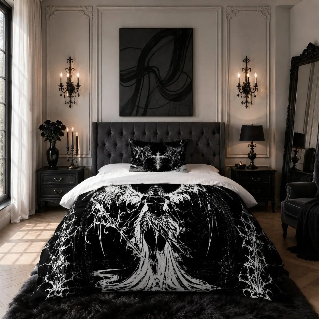 2/3PCS Duvet Cover Set Dark Gothic Angel Wings Cross Knight Art Style Theme Bedding Set Single-Sided Printed, No Pillow Inserts or Comforter, 1 Duvet Cover & 1/2 Pillowcases, Gift for Bedroom, Dorm & Guest Room