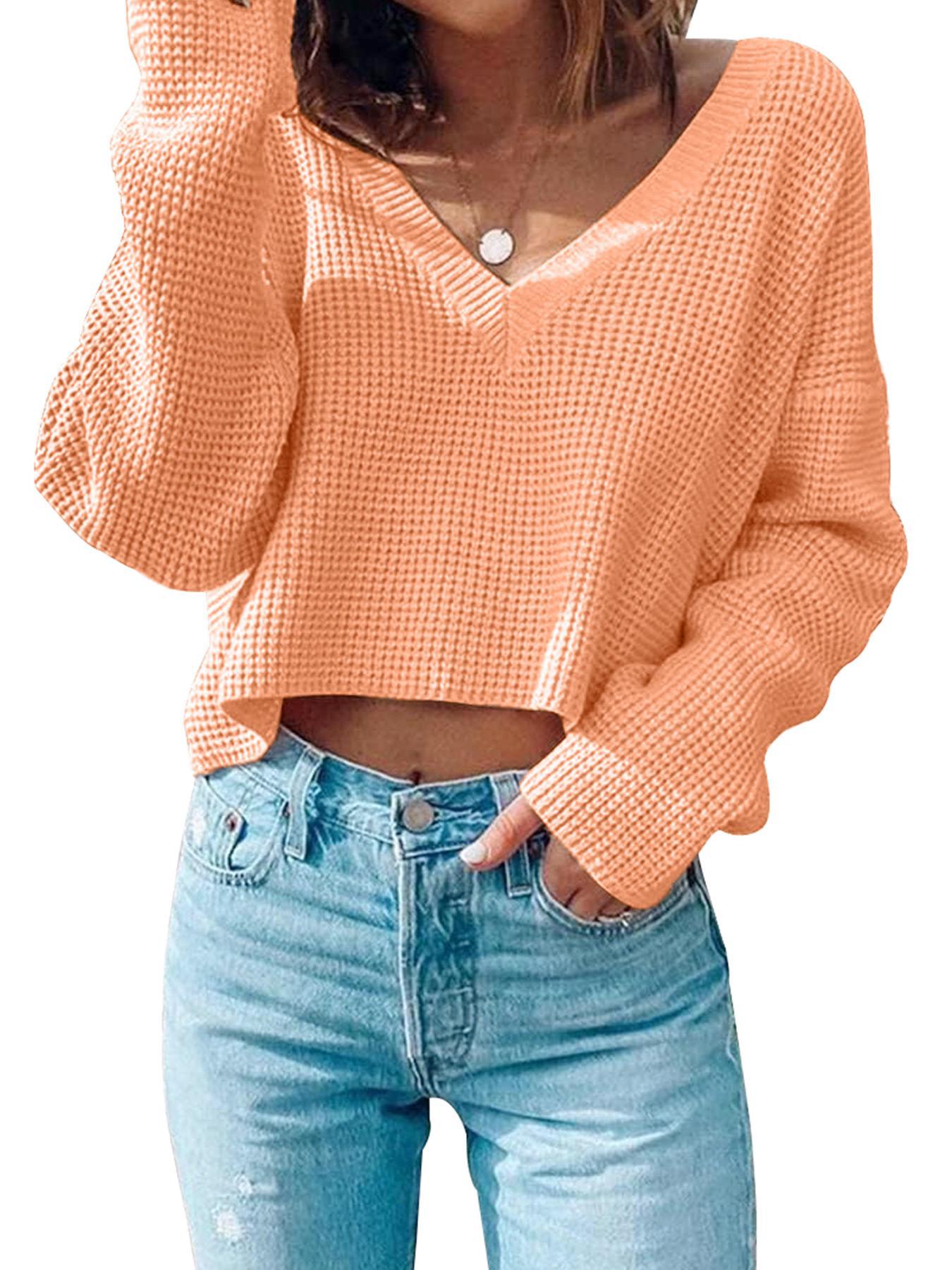 Women's Textured Drop Shoulder Crop Sweater, Basic Soft Casual Long Sleeve Deep V Neck Jumper for Fall & Winter, Women's Knitwear Top for Daily Wear