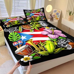 Puerto Rico's Representative Flora Aauna & Cultural Elements Fitted Sheet Set with 2 Pillowcases-Soft Non-Slip Anti-Wrinkle Mattress Protector-Traditional Style Bedroom Decor Gift for Puerto Rican Friends