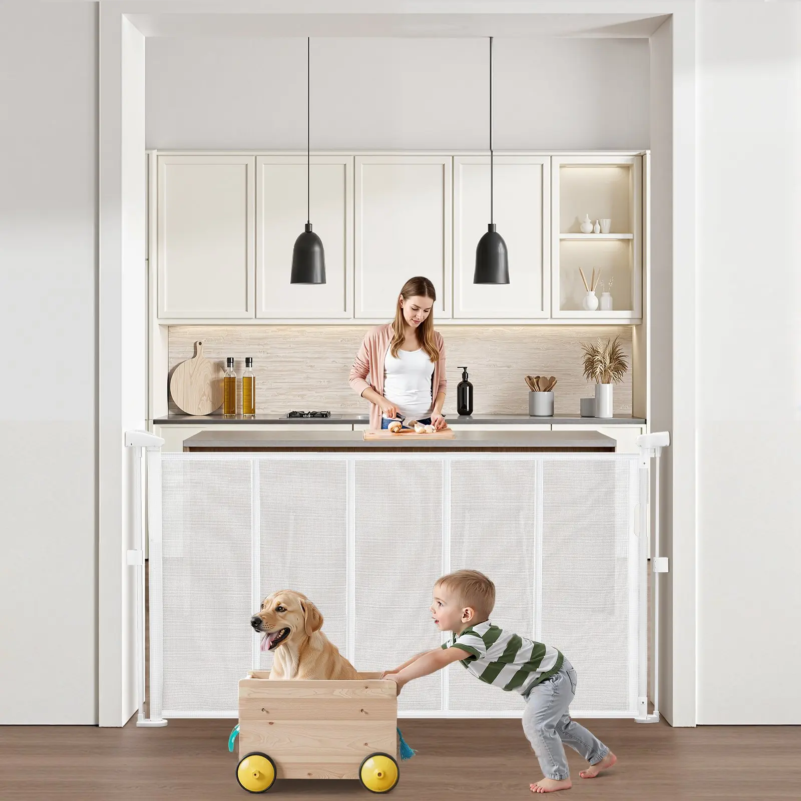 Retractable Baby Gate, 34 inch Tall, Extends up to 55 inch Wide, Retractable Gate for Kids or Pets, Mesh Material, Easy to Install for Indoor Stairs, Doorways, Hallways, Playrooms, White