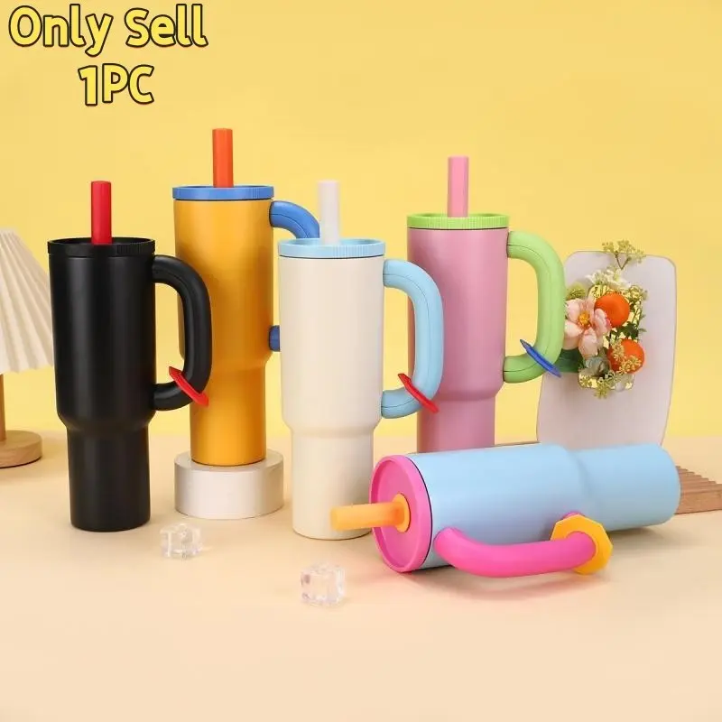 2025 Dopamine Color Stainless Steel Tumbler - Ergonomic Handle Travel Mug with Straw Lid & Lock Clip, Leak-Proof for Car, Office, Gym, School, Drinkware, Flasks
