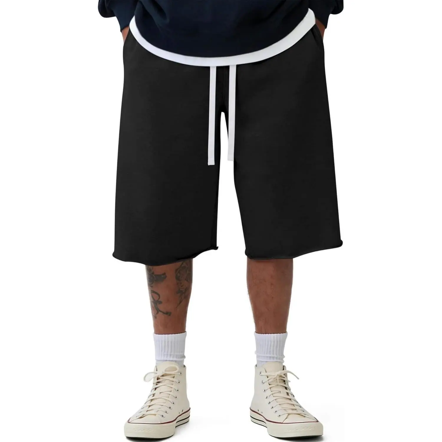 Men's Baggy Sweat Shorts Fleece Cotton Y2k Shorts Under Knee Shorts | Comfort Drawstring Running Gym Shorts Raw Hem Long Sweat Shorts with Pockets