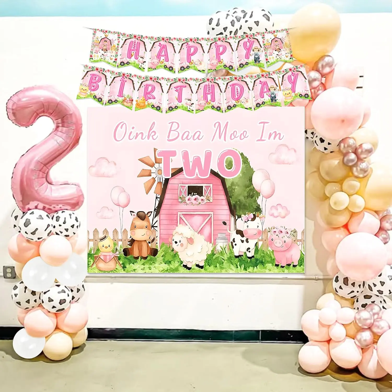 Pink Farm Animal Happy Birthday Party Decor Kit Pack for Girls - Oink Baa Moo Theme 2nd Birthday Supplies, Including Banner, Backdrop, Balloons (Festive Party Essentials)