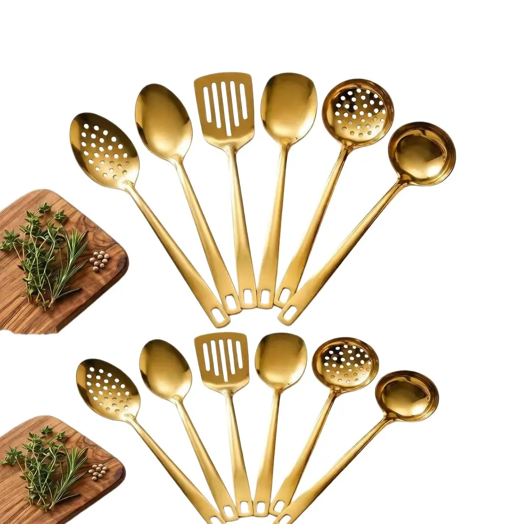 Luxury Stainless Steel Kitchen Utensils Set, 6-Piece Long Handle Spoon Fork Strainer Fryer Tool Kit, Home Cooking Kitchen Tools, Cooking Accessories
