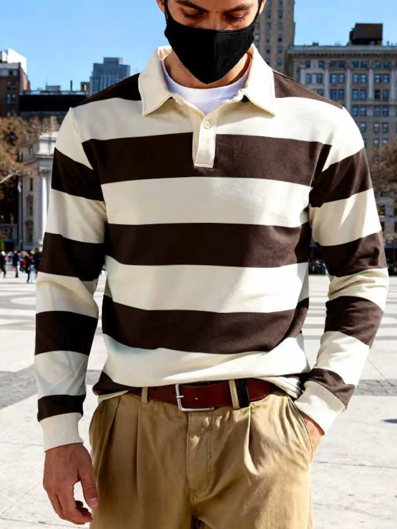Vintage Striped Men's Rugby Polo Shirt, Classic Button Neck Ribbed Sleeve Long Sleeve, Perfect for Campus, Daily Casual Wear, Urban Style, Buttoned Polo Shirts