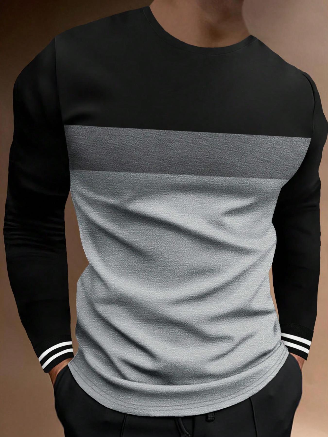 Men's Colorblock Striped Print Round Neck Tee, Casual Long Sleeve Crew Neck Jersey T-Shirt for Spring & Fall, Fashion Men's Fitted Regular Fit Top for Daily Wear