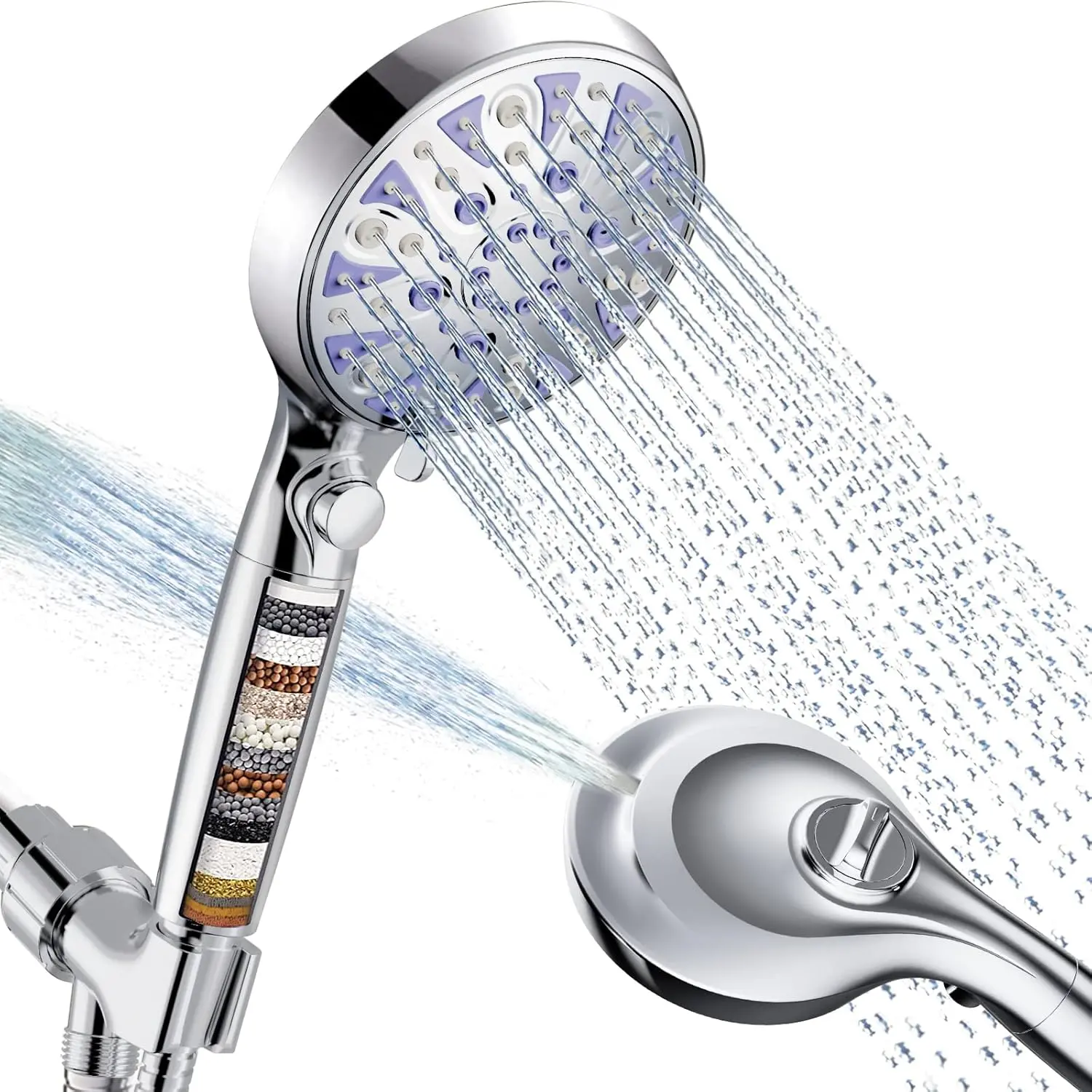 High Pressure 10-Mode Detachable Shower Head with ON/OFF Pause Switch, 15-Stages Anti-Clog Chlorine Filter Softener for Hard Water, Easy Replace, cUPC & CEC Certified for Health-Conscious Users, Shower Head Filter, Filtered Shower Heads