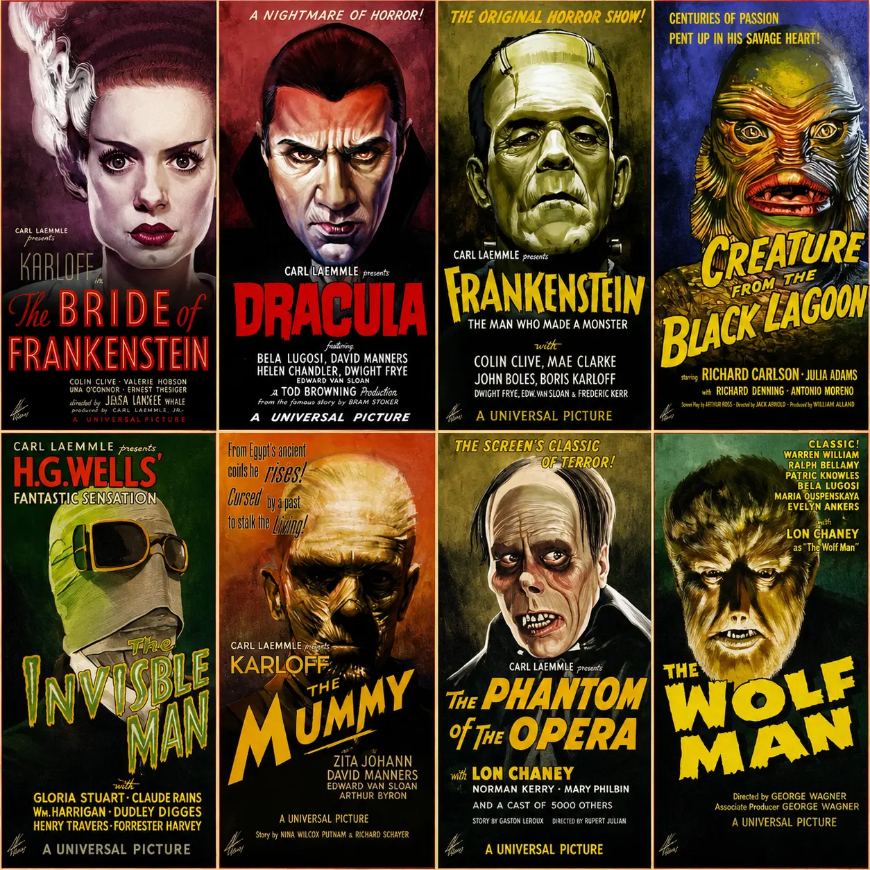 Universal Classic Monsters Complete Series Collector's Edition Canvas Print - Museum-Quality Horror Movie Vintage Spooky Wall Decor, Wipe-Clean Home Decor for Men's Bedrooms & Kid Room Wardrobe, Horror Fans' Must-Have Collectible