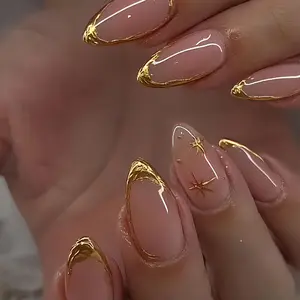 24 Pcs Gold Foil 3D French Short Almond Press On Nails, Luxury Starry Sky Celestial Design False Nails for Formal, Daily Wear