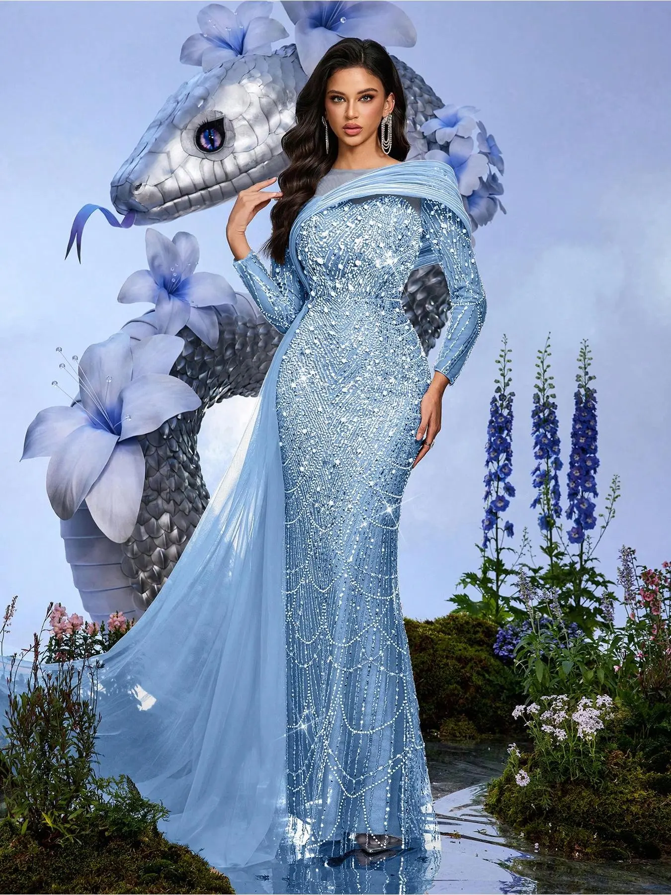 Party Gown Champagne Color Color Sequins Beaded Evening Sequin Details Long Sleeve Slim Gown Dresses For Dinner Party, Banquet, Cocktail Party (Heavily Embellished)