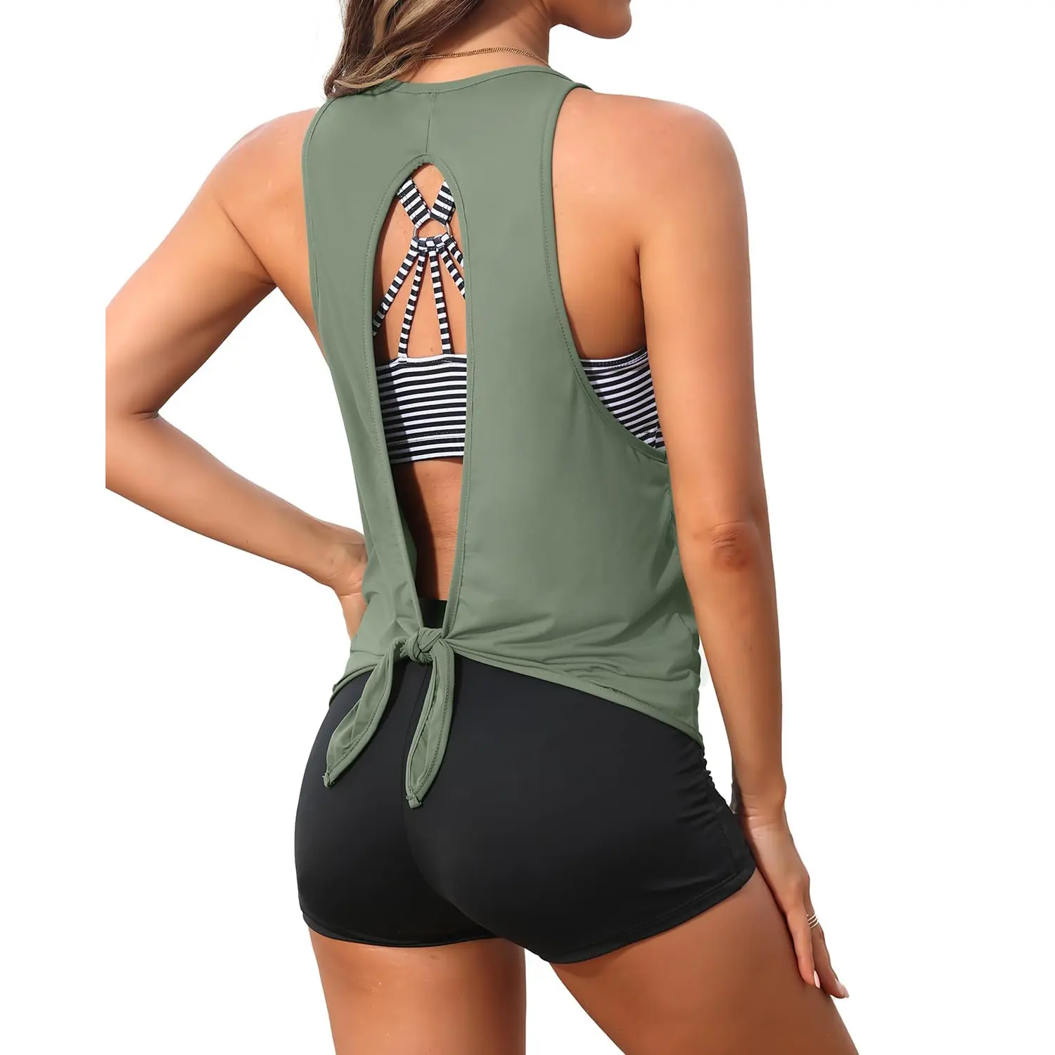 Aqua Eve Three Piece Tankini Swimsuit for Women Tank Bathing Suit with Shorts Open Back Athletic Swimwear