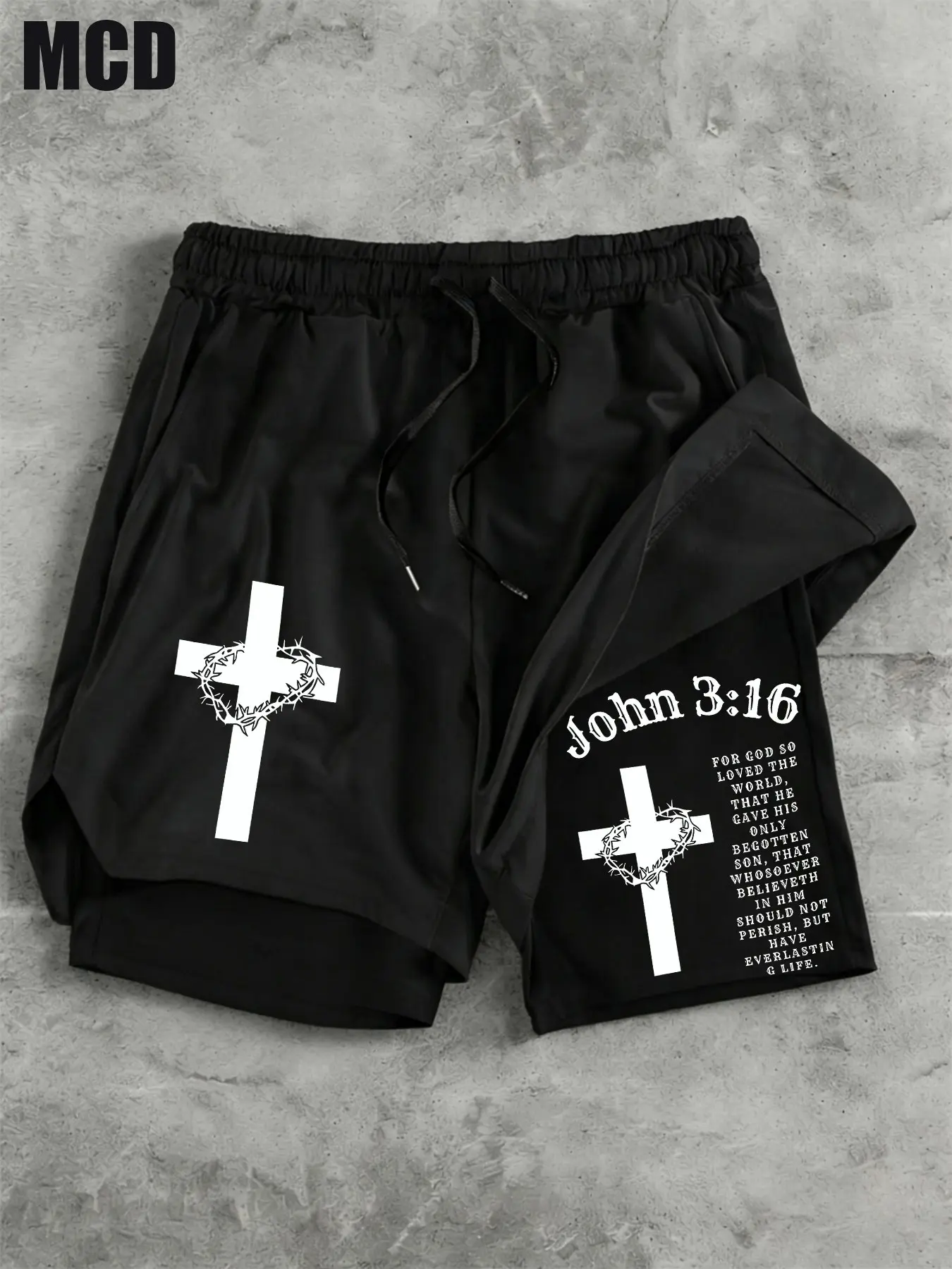 Mcd Thorn Crown Cross Bible Verse Print Shorts, Quick Dry Loose Fit, Athletic Workout Gym Running Beach Summer Casual, Drawstring Board Shorts, Activewear Shorts