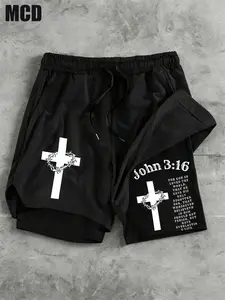 Mcd Thorn Crown Cross Bible Verse Print Shorts, Quick Dry Loose Fit, Athletic Workout Gym Running Beach Summer Casual, Drawstring Board Shorts, Activewear Shorts