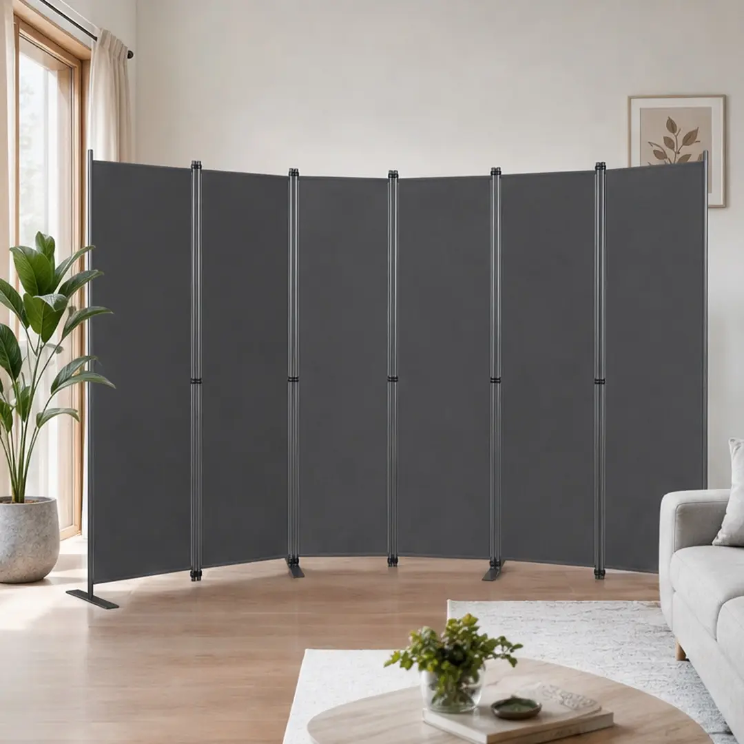 ARCH 6-Panel Room Divider Privacy Screen 120"W x 71"H Folding Partition Freestanding Portable Metal Frame Polyester Fabric Room Separator for Bedroom Office Living Room Studio Classroom, Black Gray, Gray Color Options, Metal/Polyester Material