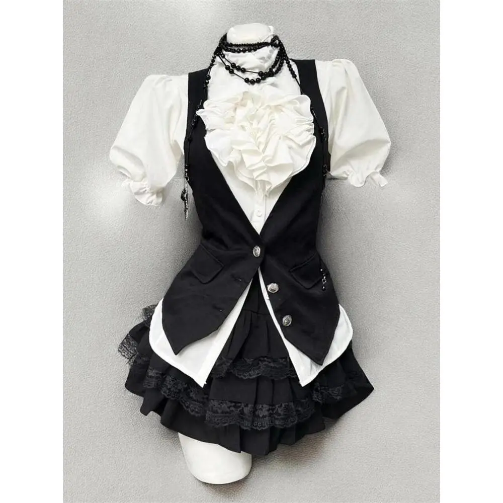 Harajuku Gothic Retro Chic Outfit Women Bubble Sleeve Shirt + Slim Vest + Short Cake Skirt New Vintage Fashion 3 Piece Suit 2025
