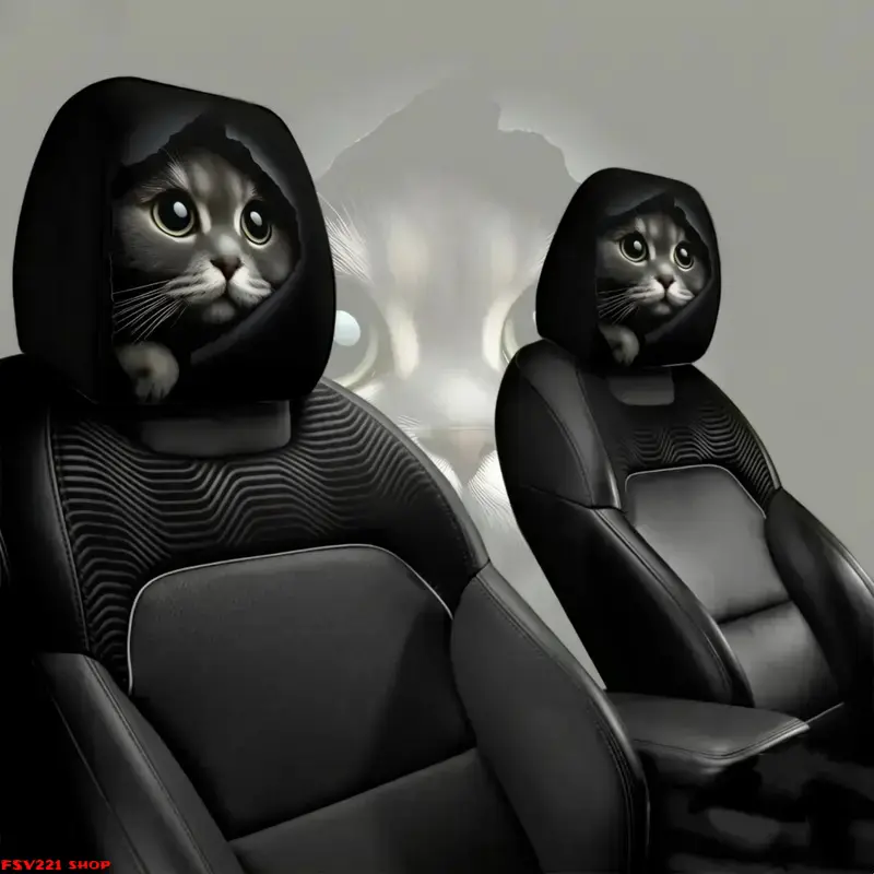 Sohochic 2-Pack "Mysterious Black-Hooded Cat" Car Headrest Covers - Grey Kitten Portrait Design, Universal Fit Fashion Accessory, Car Decorations Interior, Vehicle Decor for Cat Enthusiasts