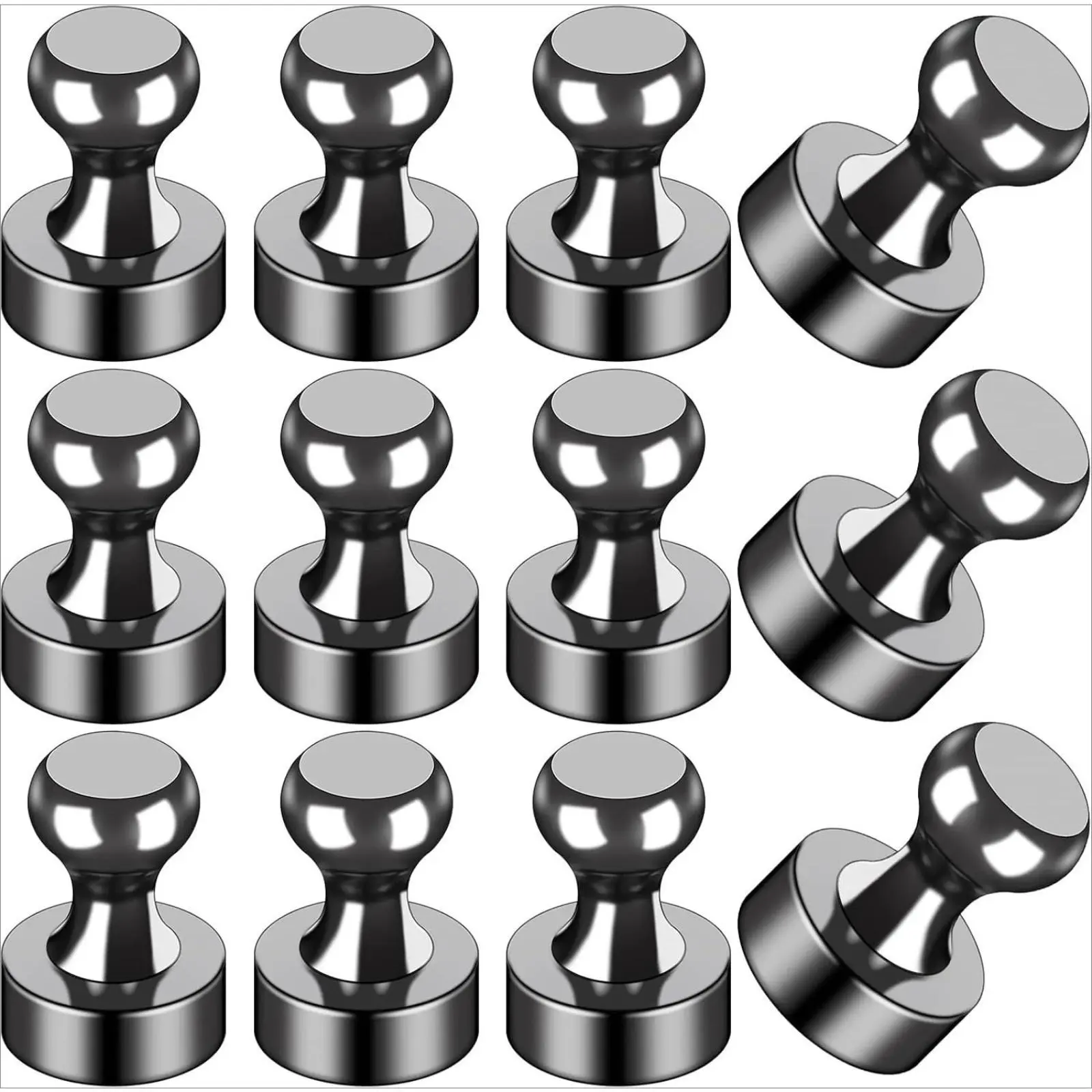 12Pcs Black Metal Fridge Magnets, Fridge Magnet Set, Strong Push Pin Refrigerator Magnets, Multipurpose Magnetic Accessories for Whiteboard, Dry Erase Board, Map, Locker, Office and Kitchen Decoration
