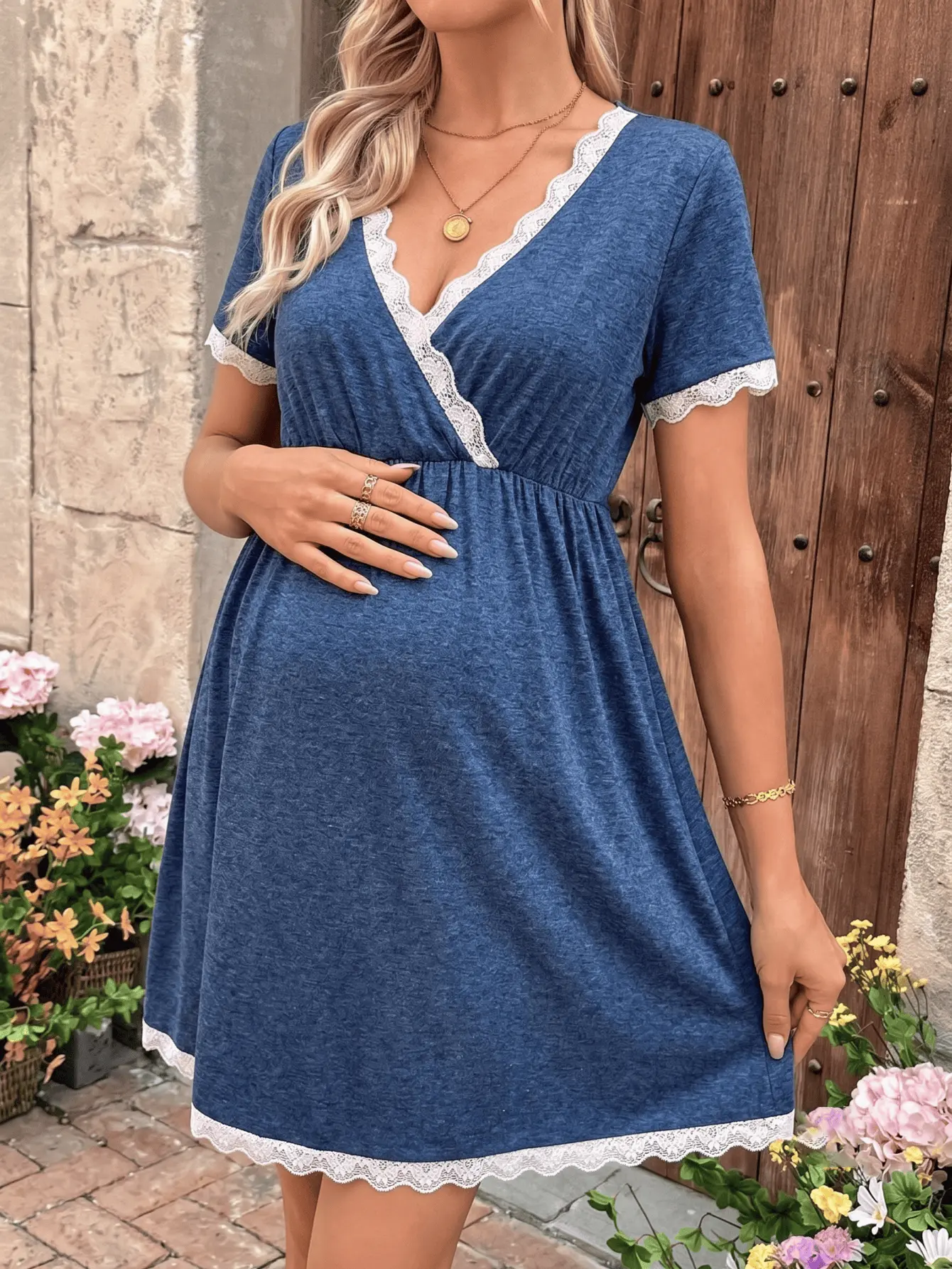 Women's Maternity 2-Piece Modest Solid Plain V-Neck Short-Sleeve Shirt & Slim-Fit Pajama Set - Comfortable Summer Sleepwear for Modest Party Needs