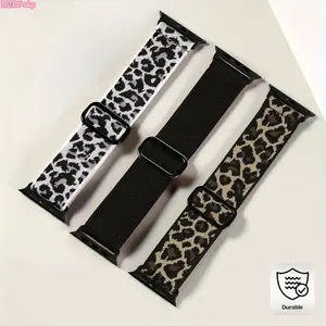 2026-3-Pack Elastic Nylon Smartwatch Straps, Adjustable Solo Loop Wearable Accessories, 38-49mm Sizes (Leopard & Solid Colors), Nylon Strap Set 1 for Sports Use