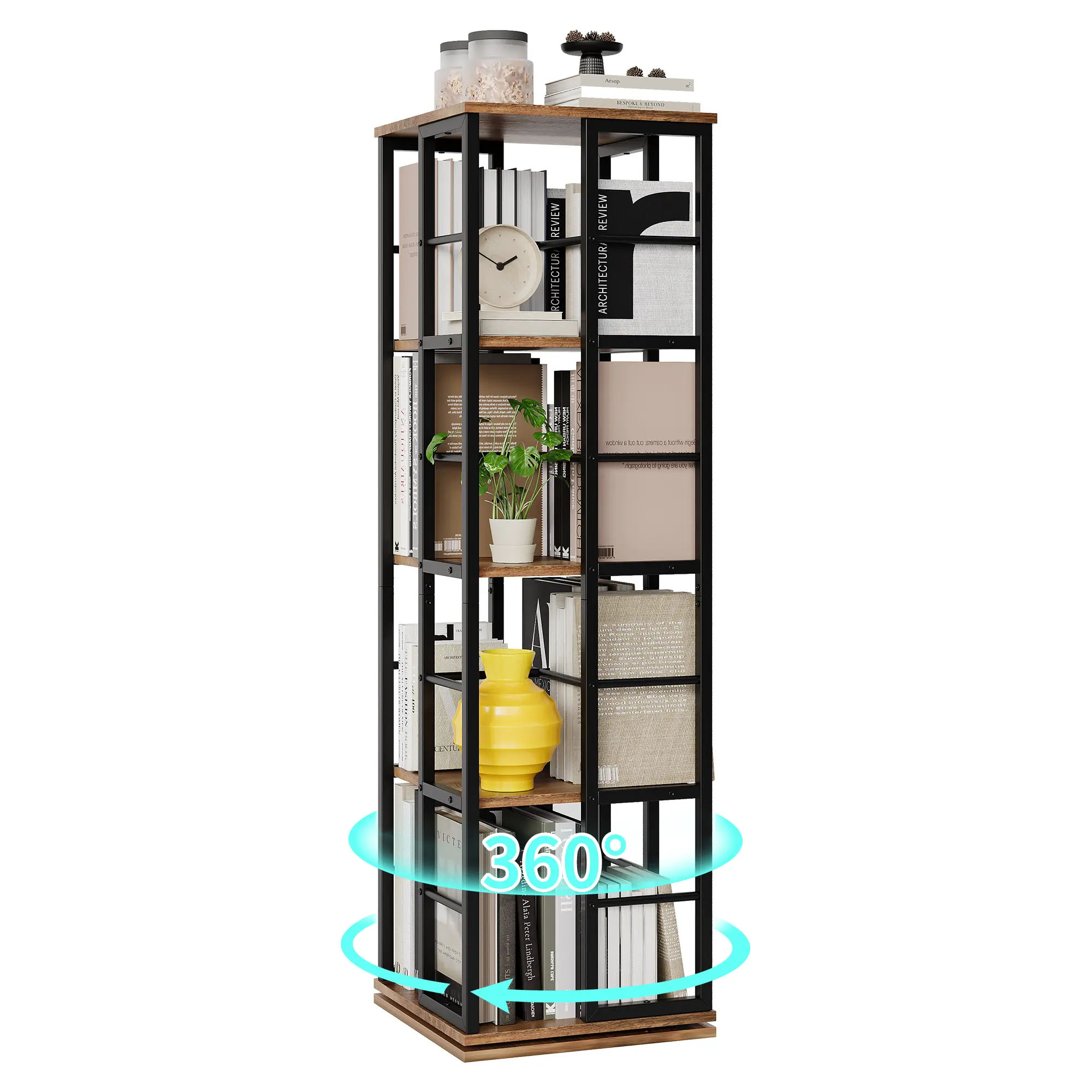 5-Tier Rotating Bookshelf with Adjustable Height, 360° Spinning Bookcase Tower, Narrow Swivel Corner Shelf Organizer for Small Spaces