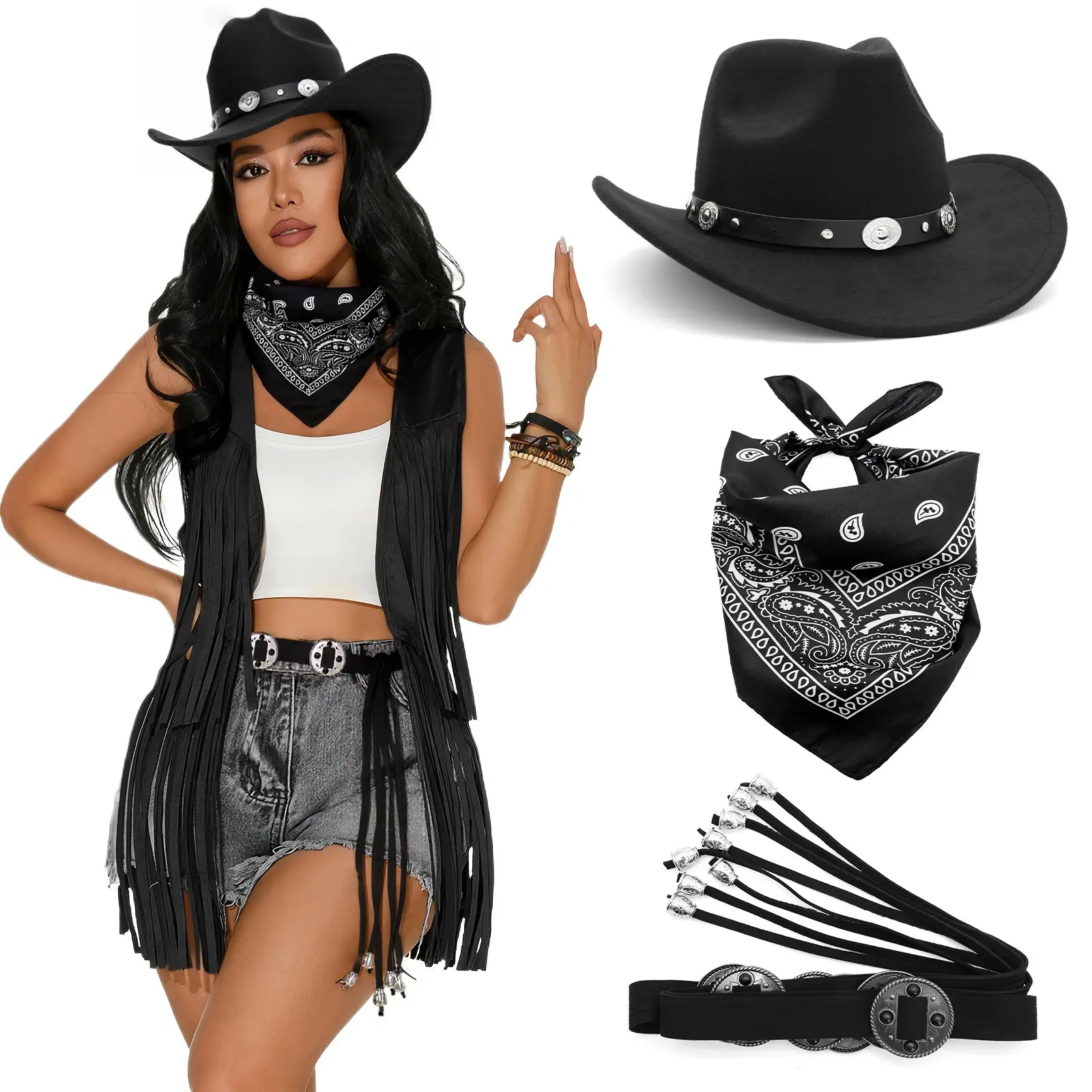 Western Cowboy Cowgirl Soft Accessory Set - Vintage Black Felt Hat with Cotton Skull Concho Leather Belt, Fringe Tassel, Paisley Neck Bandana, Silver Hat Shaper Insert for Country Music Festival, Halloween Cosplay, Metallic