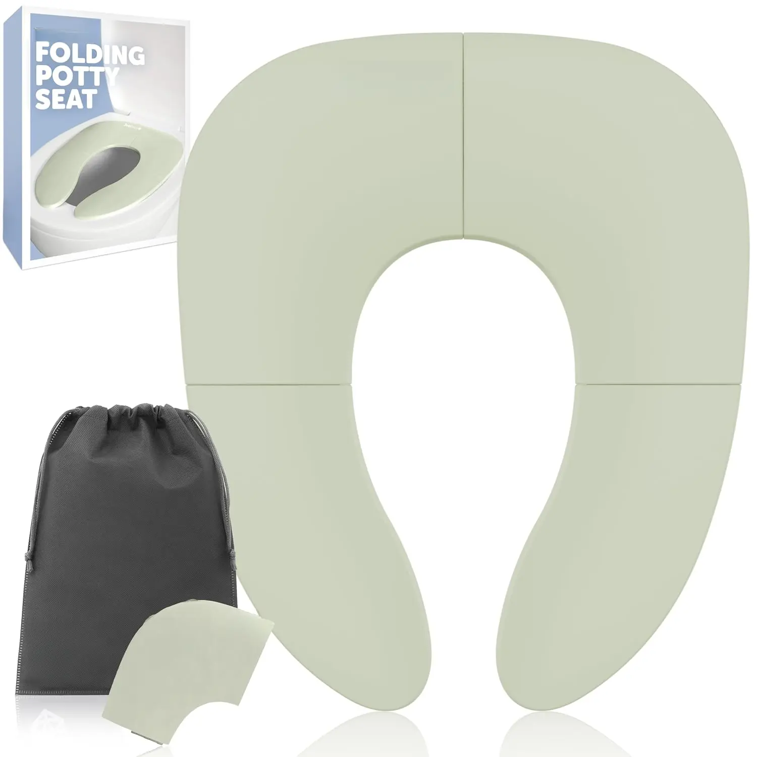 Folding Travel Potty Training Seat  Toddlers, s Round & Oval Toilets, Non-Slip Suction Cups, Includes Free Travel Bag (Sage) New model