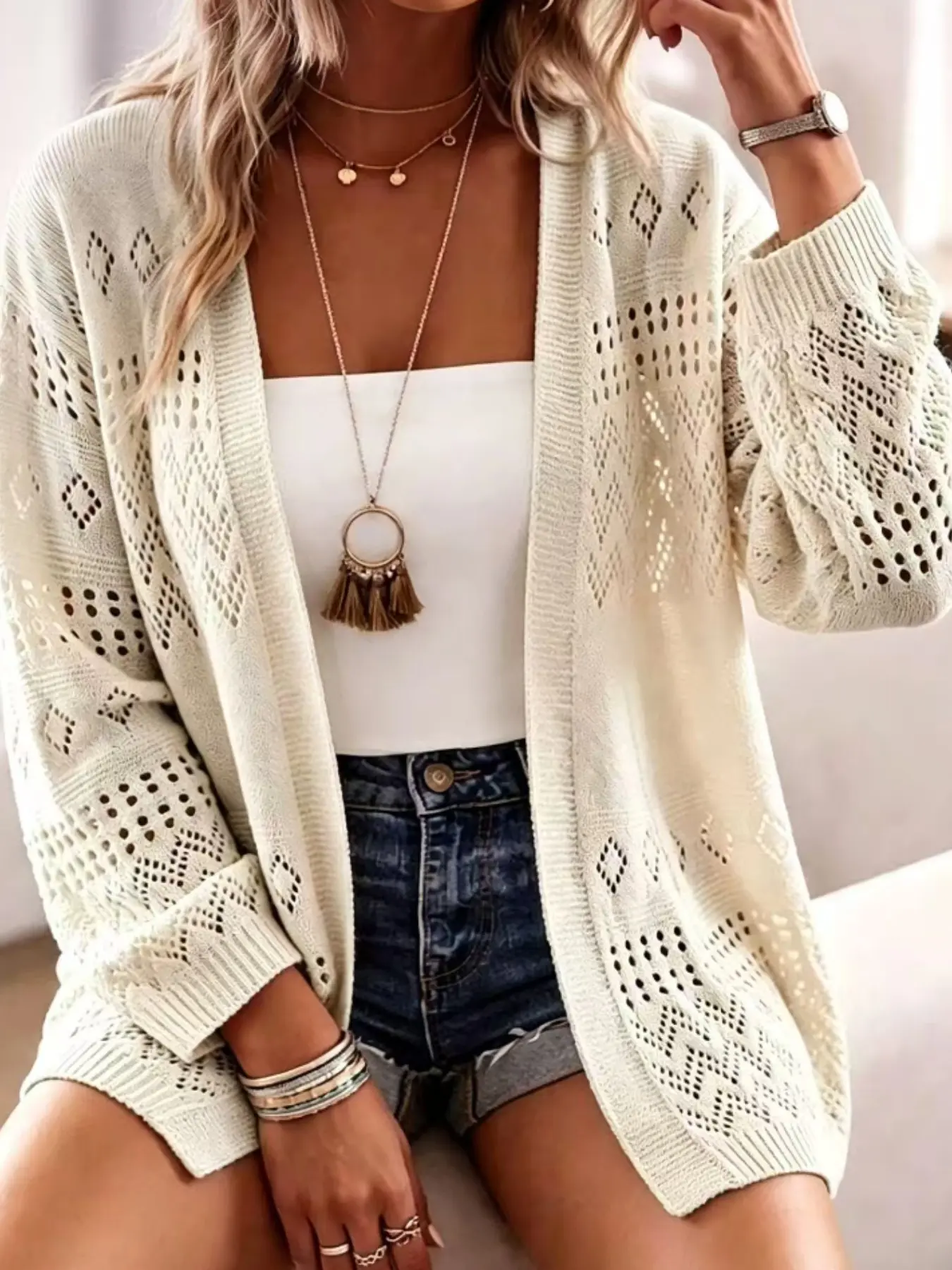Plus Size Women's Knit Cardigan, Long Sleeve Boho Style, Bohemian, Loose Fit, Simple Design, Solid Color, Front Open, Fall Winter Beach Outerwear