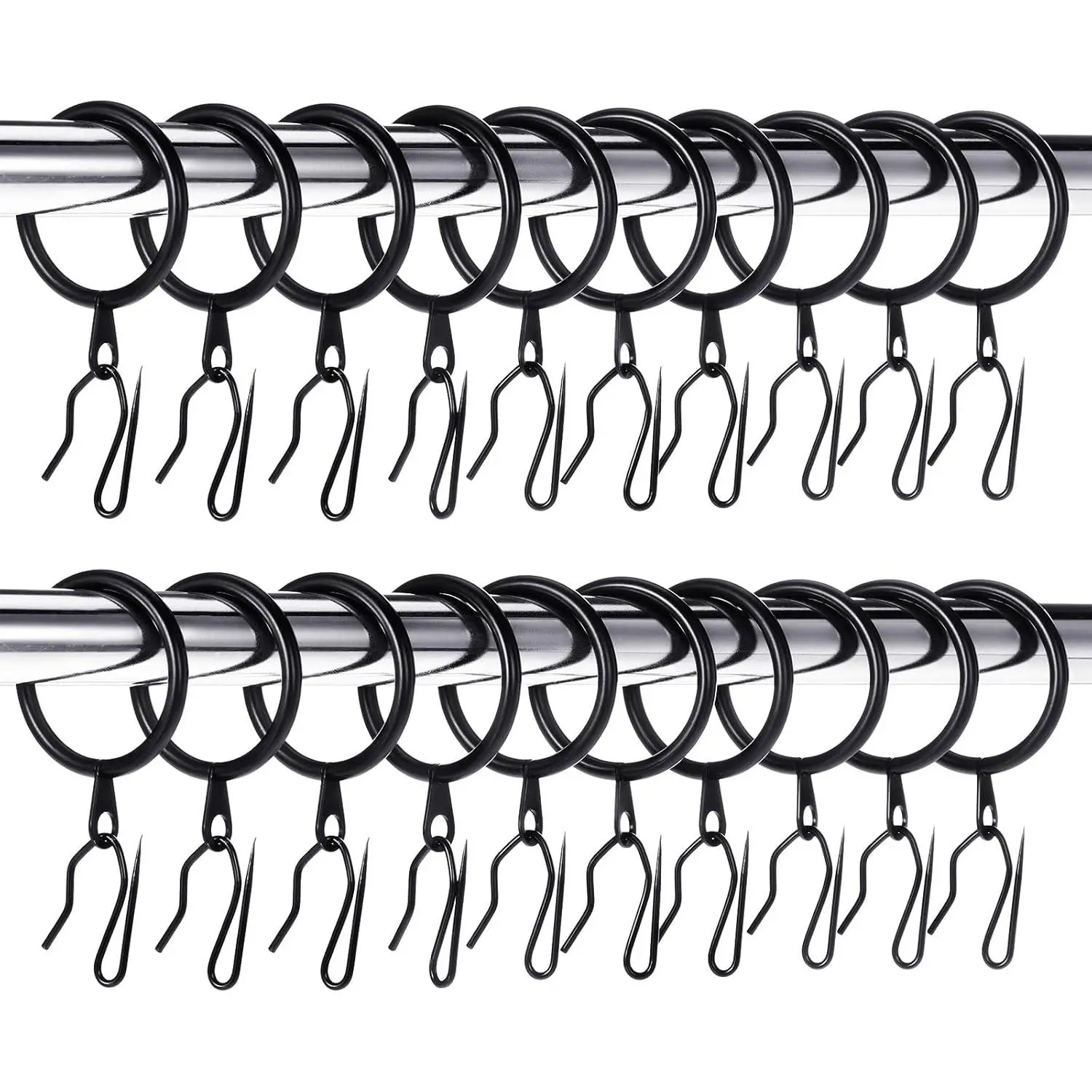 60 Pieces 1.26 Inch Metal Drapery Curtain Rings Curtain Hanging Rings and 60 Pieces Metal Drapery Pin Hooks for Drapes Window Door Shower (Black)