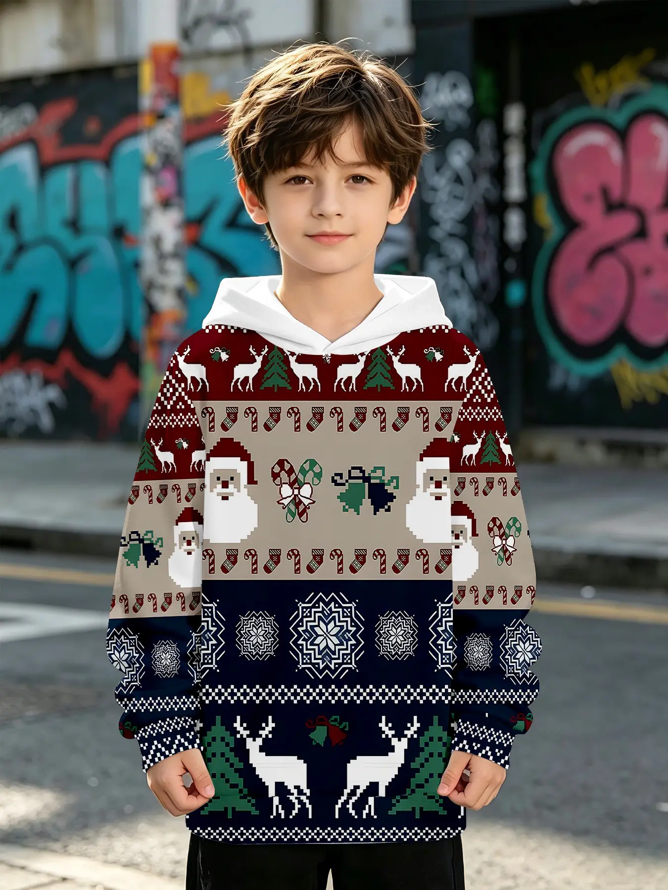 Boys' Hooded Sweatshirt, Christmas Pixel Santa Deer Full Print, Long Sleeve Loose-Fit, Fall & Winter Casual Holiday Pullover