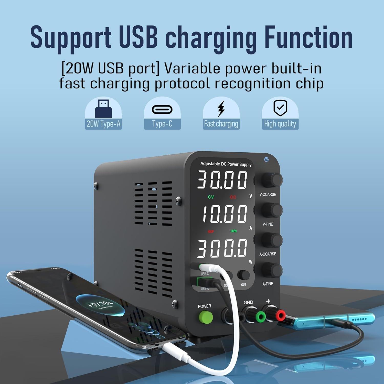 DC Power  Variable, 0-32V 0-10A Switching Bench Power  with 20W USB & Type-C Quick-Charge, Encoder Corase & Fine Adjustment Knob, Output , 4-Digit LED Display - SPS-3010V