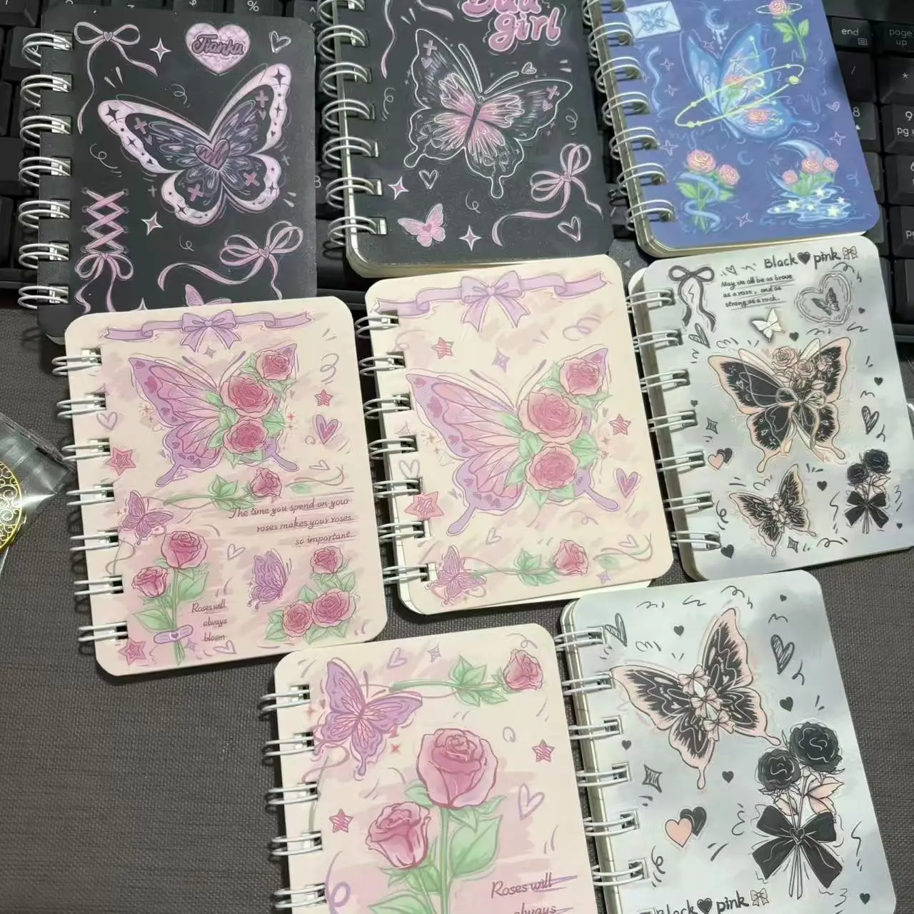 Romantic Rose & Butterfly Design A7 Spiral Coil Notebook Set, 4/8 Pcs Thickened Paper, Perfect Gift for Women, Stylish Journaling Supplies