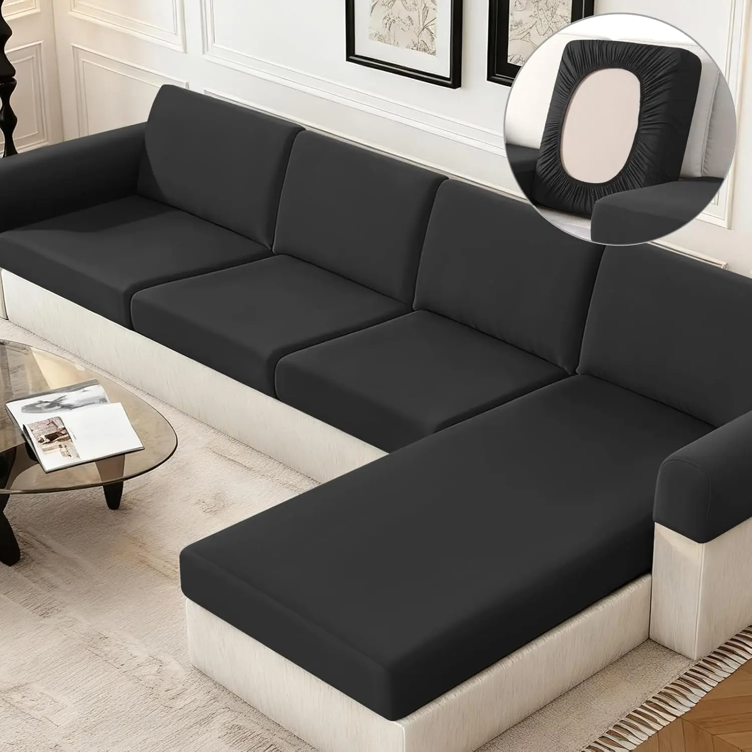 Couch Cushion Covers, Stretch Sectional Couch Covers Sofa Cushion for L Couch Cover Washable Sofa Slipcovers Sofa Covers(1PC or Backrest Cover, Black)