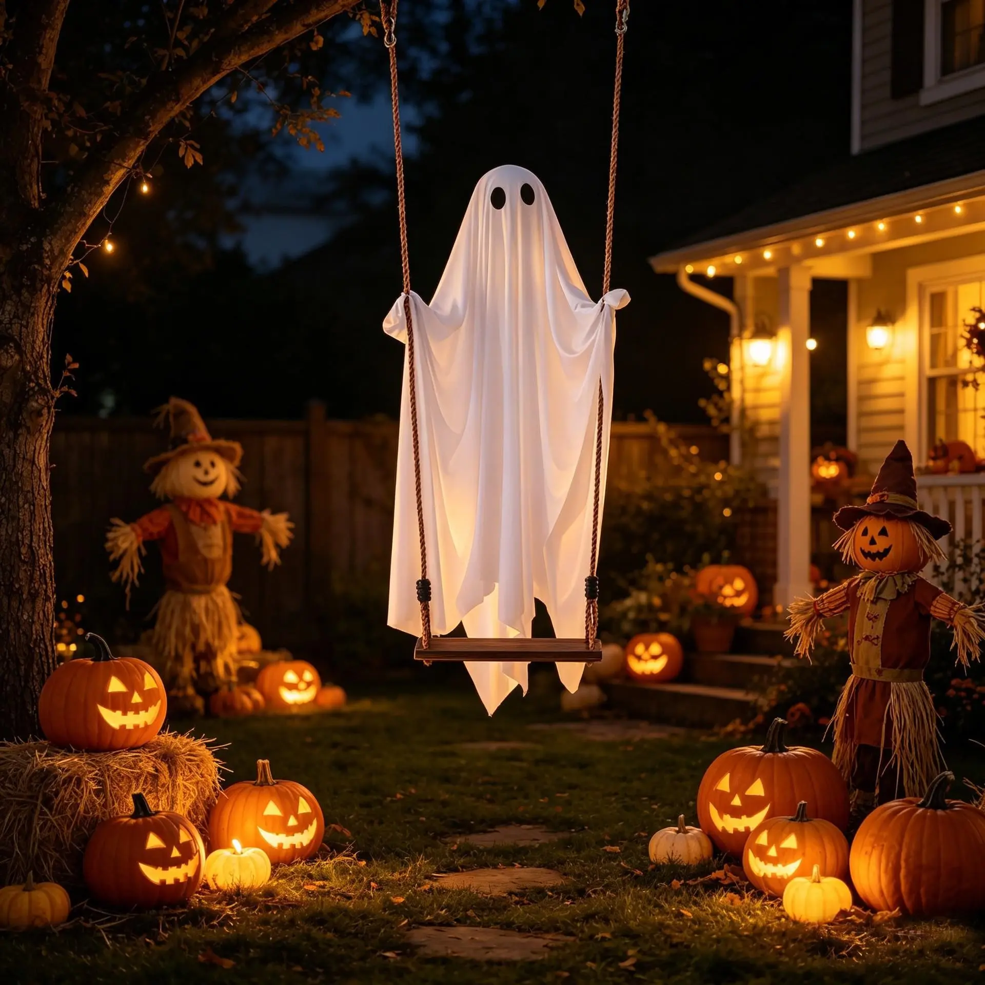 Halloween Outdoor Decoration, Swing Ghost Cute Ghost Decor, 200kg Load Capacity, Remote Control Light String, for Tree Porch Garden Lawn