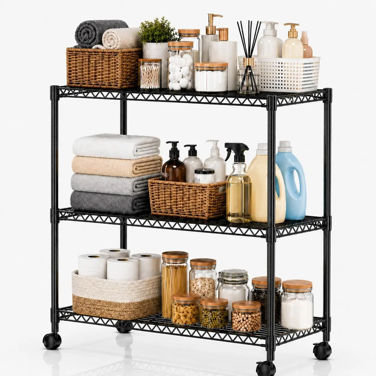 Simple Deluxe 3-Tier Durable Adjustable Mobile Storage Shelf with Wheels, 23.23”W x 13.39”D x 30.31”H, Metal Organizer, Easy Assembly Adjustable Multi-Function Standing Shelf Units for Kitchen, Pantry