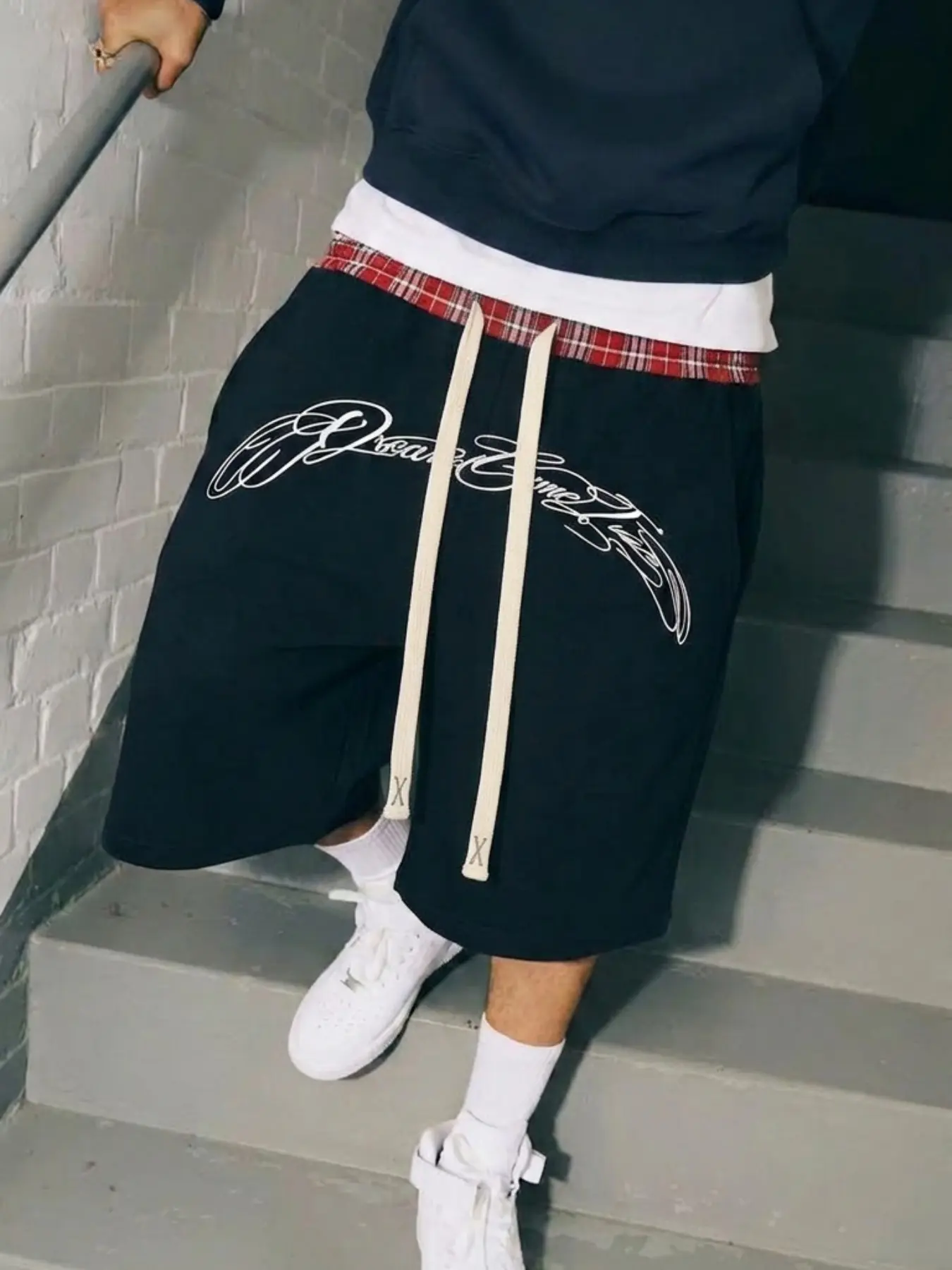 Men's Shorts, Casual Gym Shorts, English Print Street Style, Daily Wear, All Season, Breathable Cotton, Loose Fit, Dual Waist Fake Two-Piece Gym Shorts