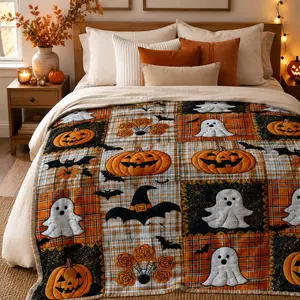 Halloween Pumpkin Ghost Flannel Blanket, Soft Plush Plaid Throw, Bat and Jack O Lantern Print, Cozy Sofa Bed Blanket, Fall Gift