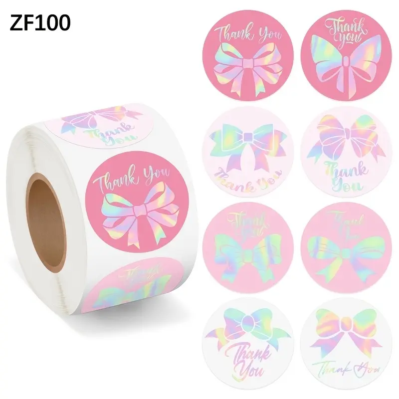 500 stickers/roll holographic waterproof Durable pink bow stickers gift packaging baking roll stickers, packaging sealing stickers