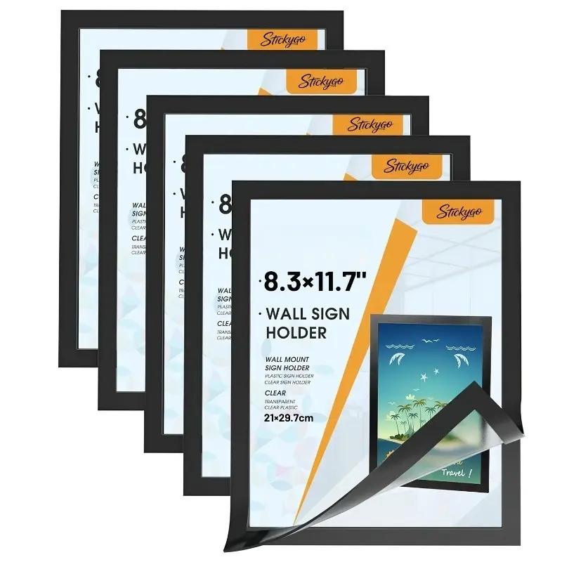 A4 Magnetic Sign Holder 8.3 X 11.7 Inch Wall Mount, 5 Pack Self-Adhesive Display Photo Picture Frames with Strong Magnetic Border and Clear PVC, Document Poster Paper Holder for Home Office Store Decor Photo Decorations