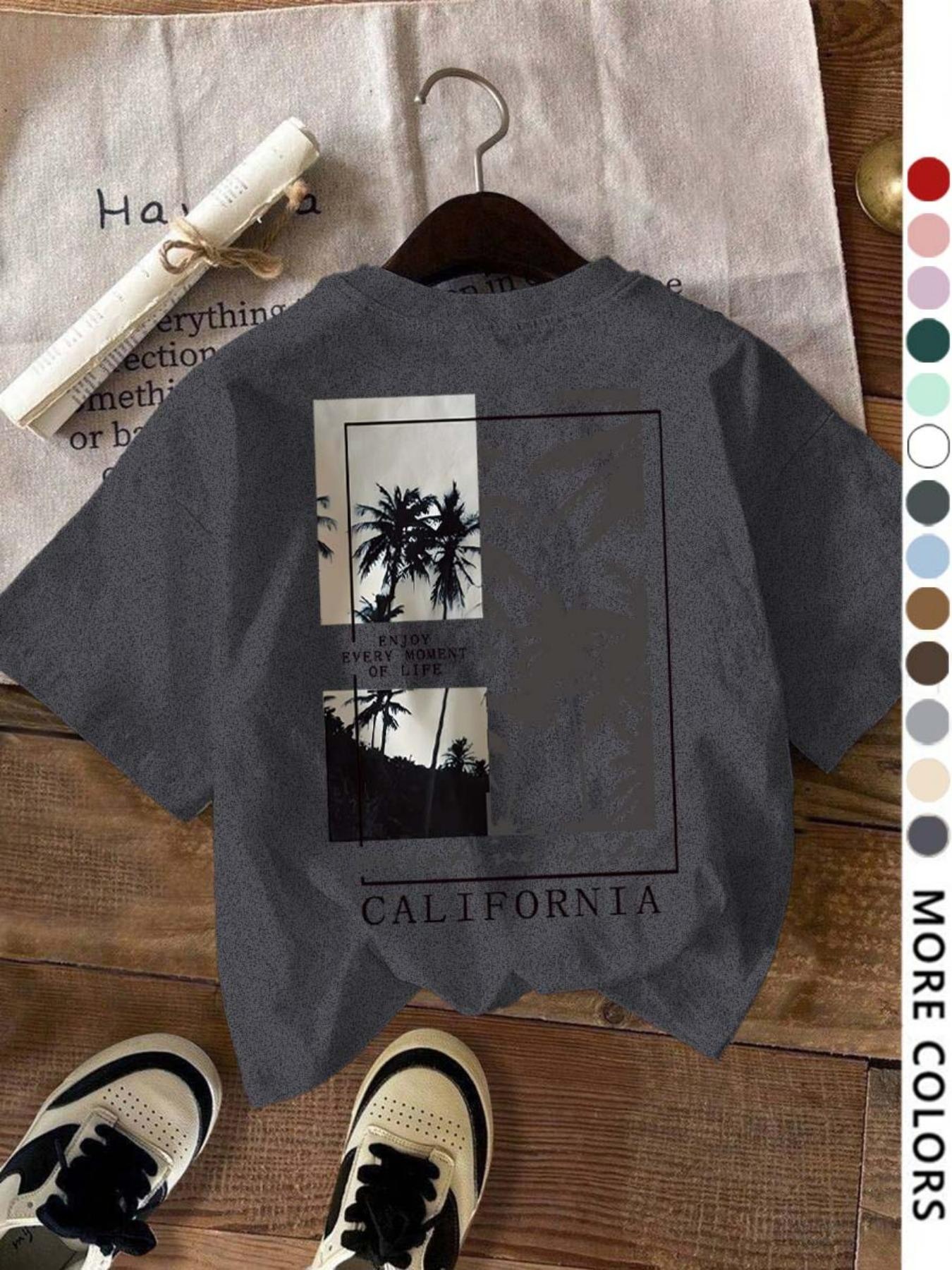 Women's Letter & Tree Print Round Neck Tee, Fashion Casual Short Sleeve T-shirt for Daily Wear, Ladies Summer Clothes