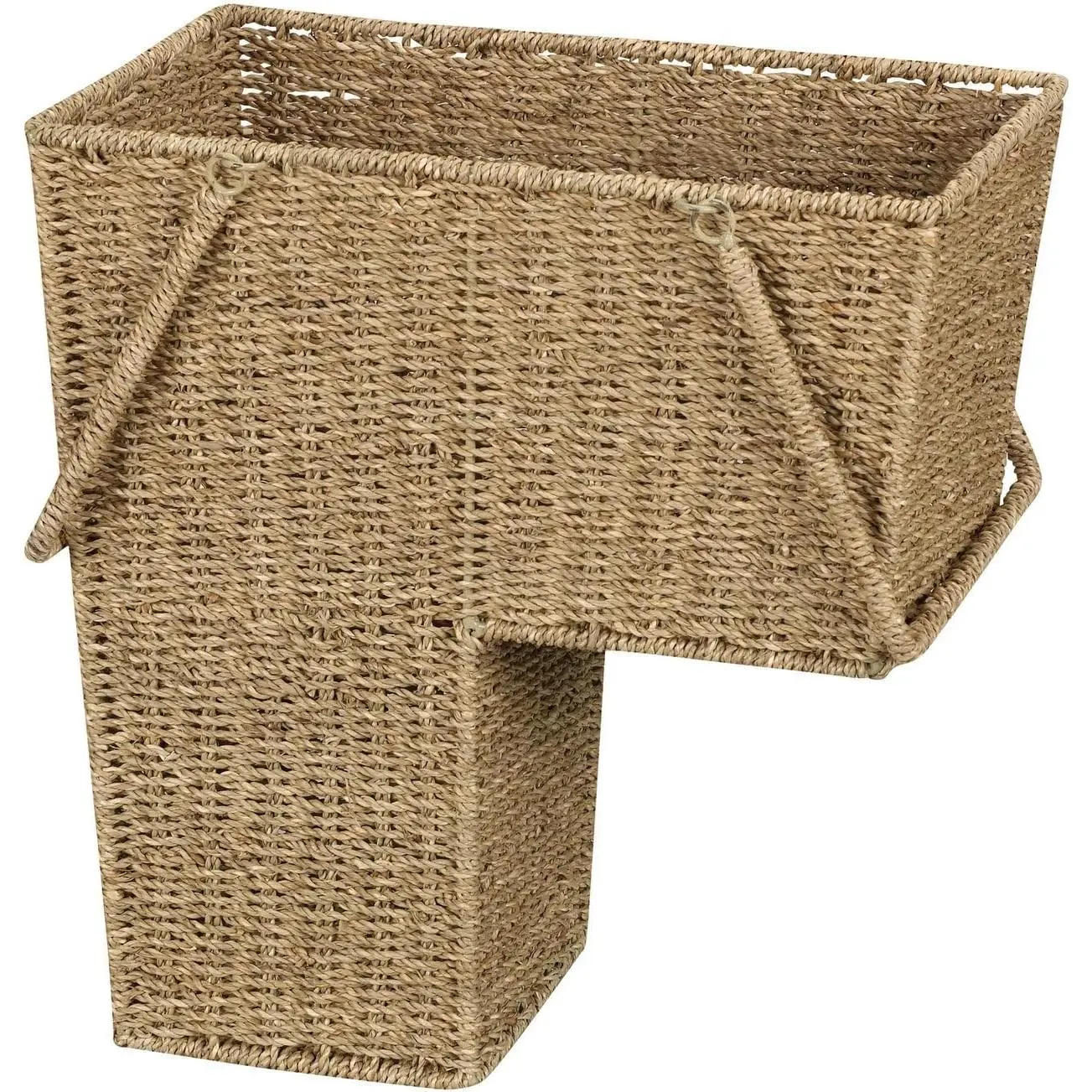 Wicker Stair Basket with Handles, Handwoven Seagrass, Natural